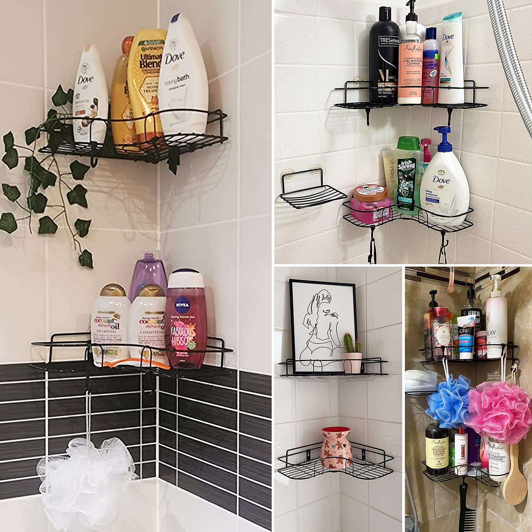 ADORAMOUR 2-Pack Corner Shower Caddy Set - No Drill Bathroom Organizer with Soap Dish & Adhesive Storage Rack | Shower Shelf for Shampoo, Conditioner & Toiletries | Perfect for Small Bathrooms & Apartment Showers (Black)