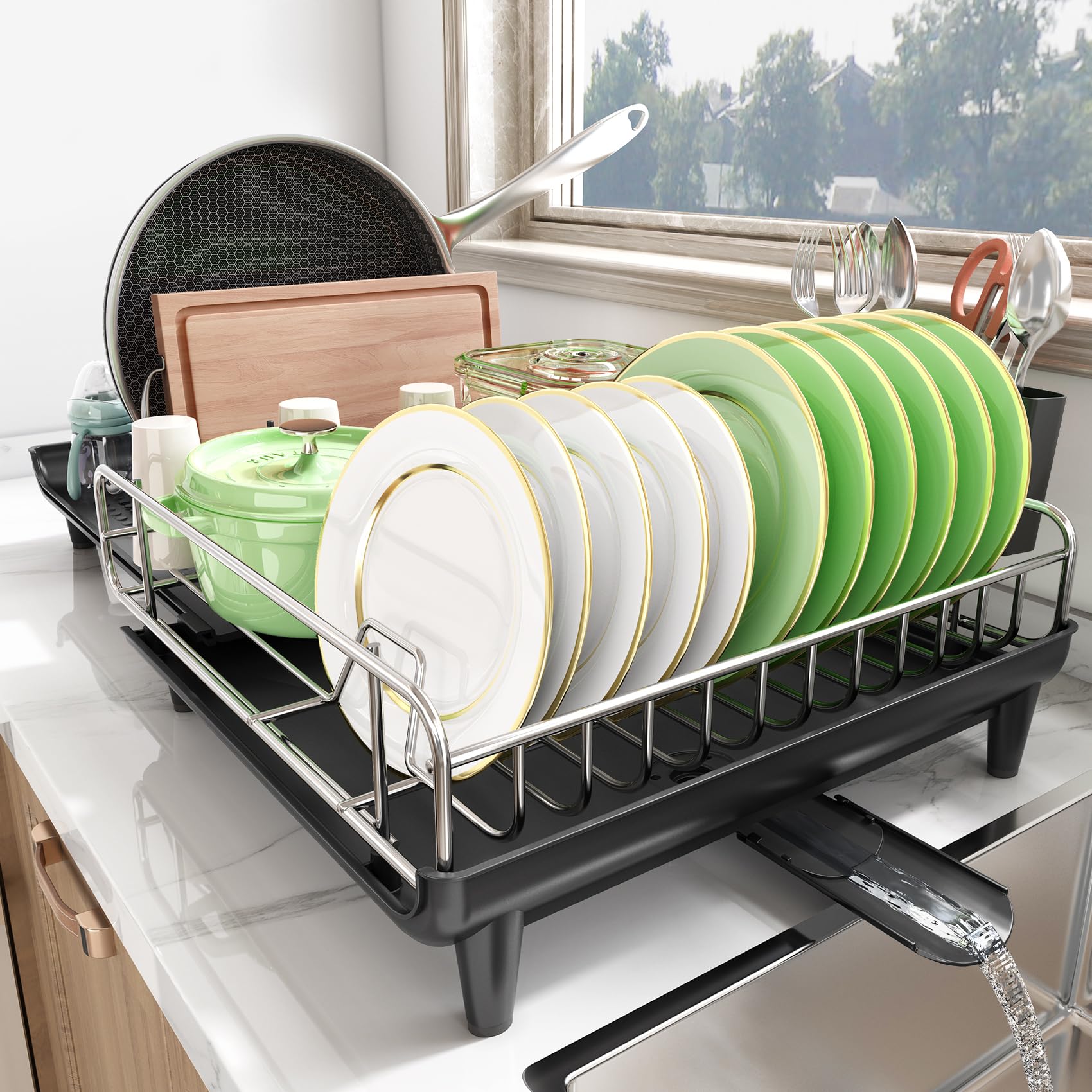 Expandable Dish Drying Rack for Kitchen Counter - Large Dish Drainer with Pan Holder, Utensil Holder & Drainboard Cup Holder | Space-Saving Black Dish Rack for Small Kitchens, Apartments & Dorm Rooms