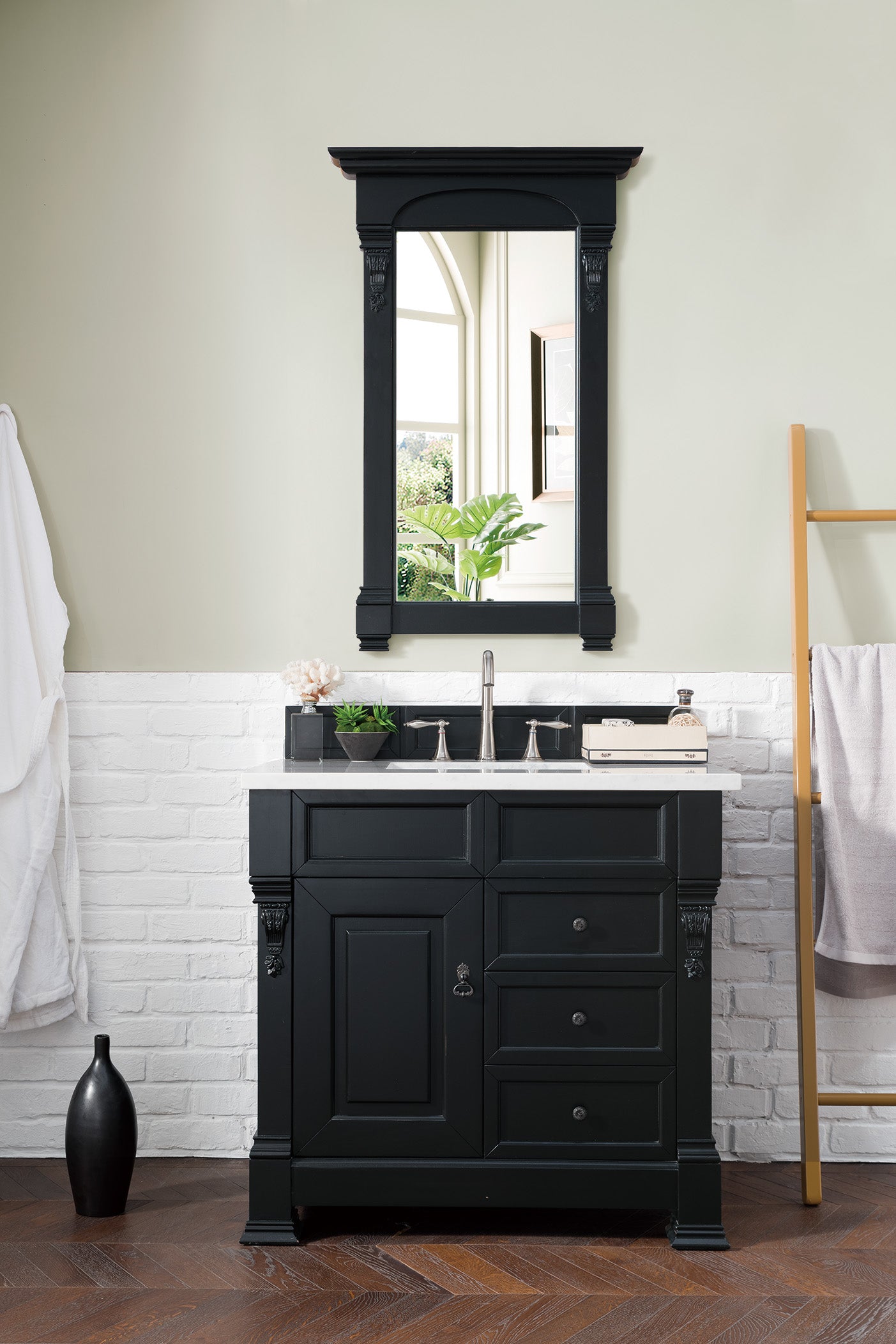 Brookfield 36 Inch Single Bathroom Vanity with Antique Black Finish & 3CM Arctic Fall Solid Surface Top - Perfect for Modern and Traditional Bathroom Designs