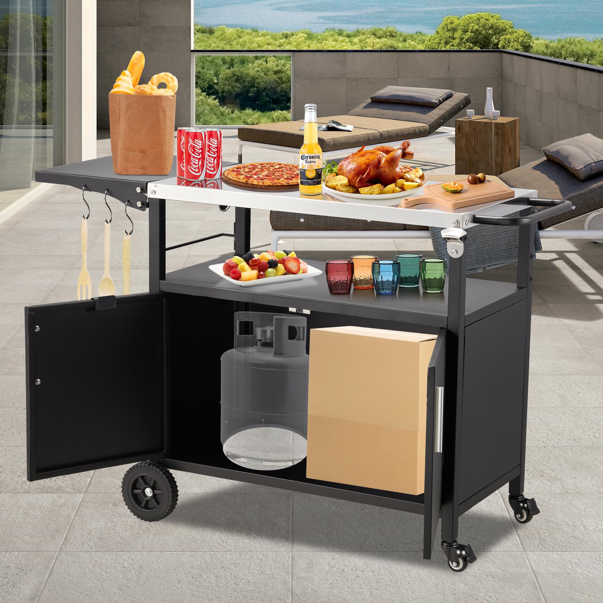 **Outdoor Grill Cart with Storage & Wheels - Portable BBQ Kitchen Island, Pizza Oven Table & Food Prep Station for Patio, Backyard, Garden, and Camping**