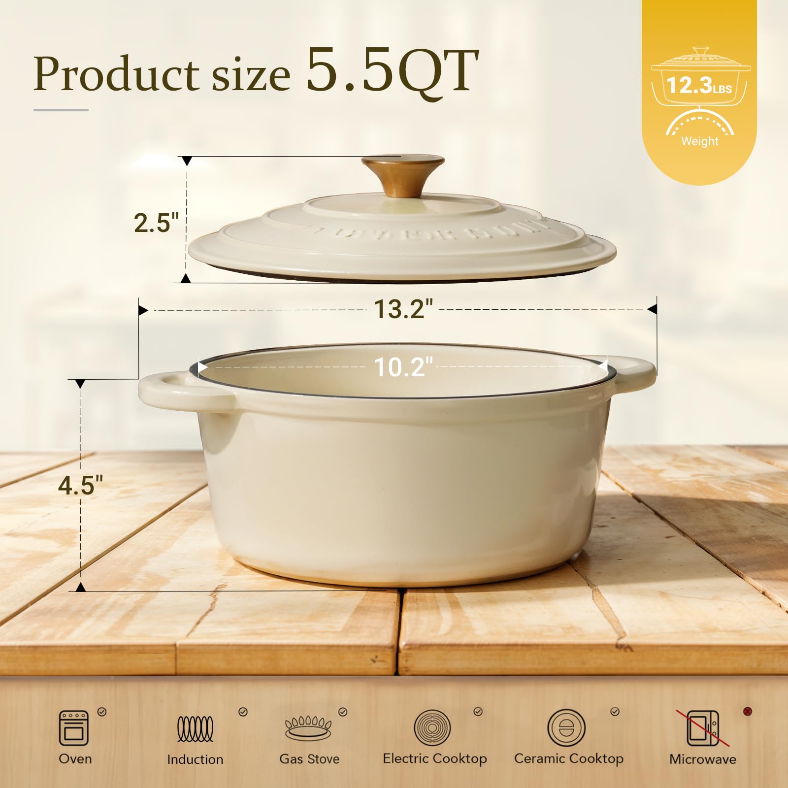 Overmont Enameled Cast Iron Dutch Oven with Lid - 6.5QT Heavy Duty Enameled Cookware Pot for Braising, Stewing, Roasting & Baking - Includes Free Cookbook & Heat-Resistant Cotton Caps - Perfect for Soups, Stews, Bread Baking & Camping Cooking