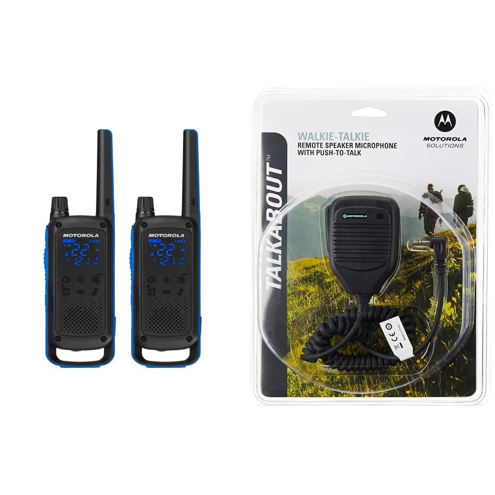 Motorola Talkabout T800 Two-Way Radios (2 Pack) - Black/Blue with 53724 Remote Speaker Microphone - Long Range Walkie Talkies for Outdoor Adventures, Hiking, Camping & Emergency Communication