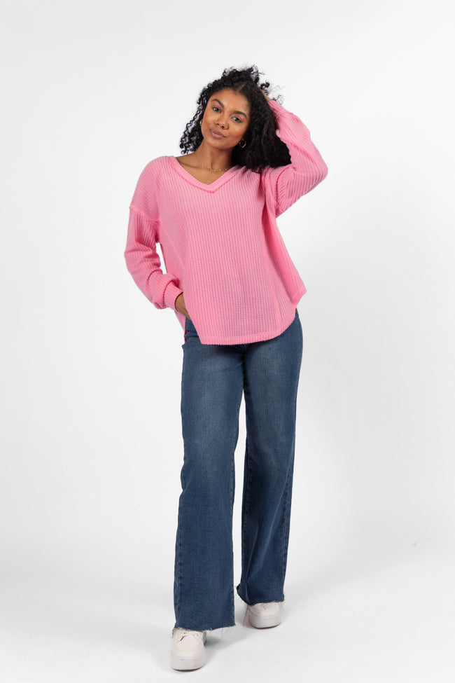 Idle Hands Pink Waffle Knit V-Neck Oversized Sweater Top for Women | Cozy Casual Wear | Perfect for Fall & Winter Outfits, Date Nights and Lounge
