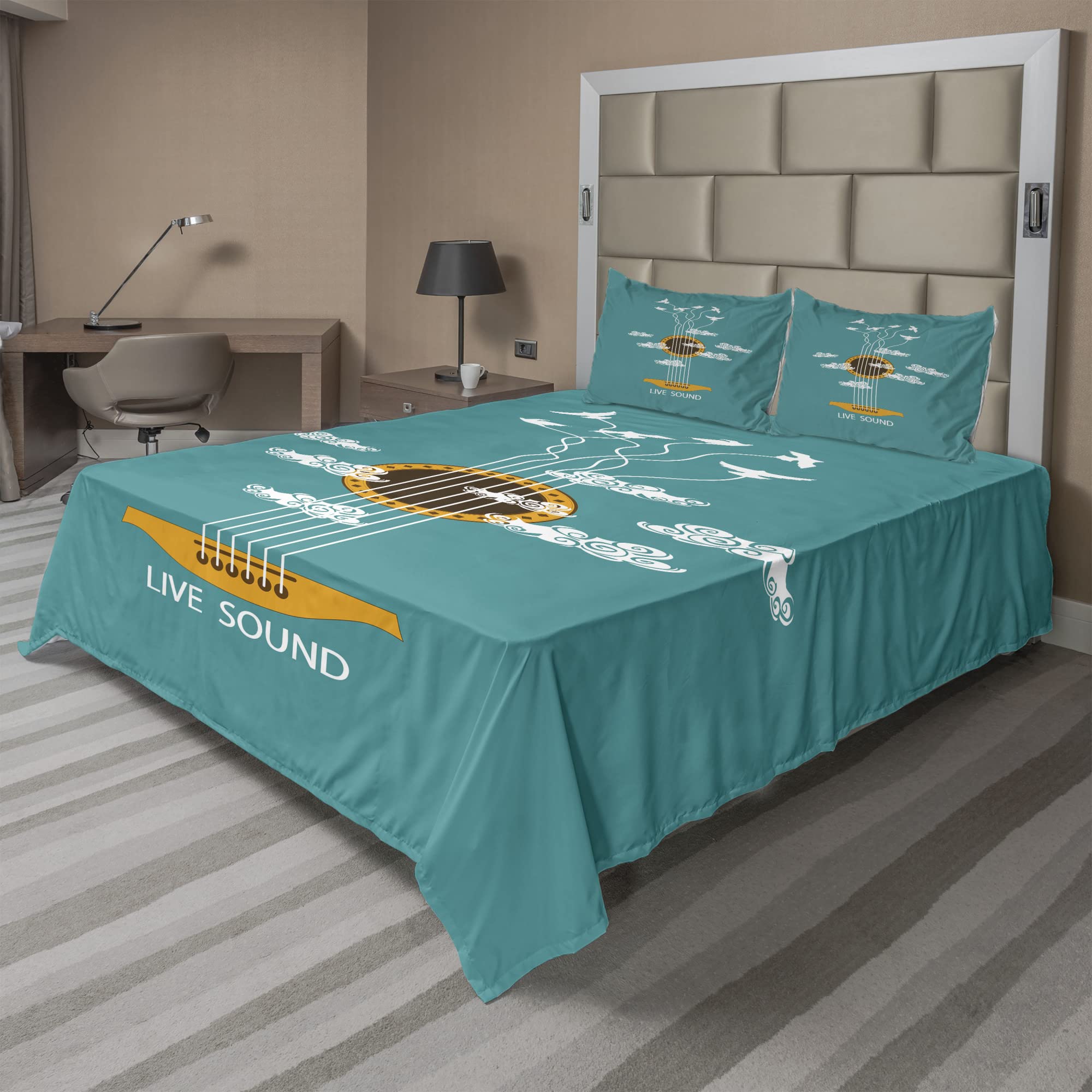Ambesonne Guitar Themed 4-Piece King Size Bedding Set - Abstract Music Design with Birds on Strings & Clouds, Fitted Sheet, Flat Sheet & 2 Pillowcases, Turquoise Marigold White - Perfect for Musicians' Bedrooms, Music Lovers' Homes & Bohemian Decor