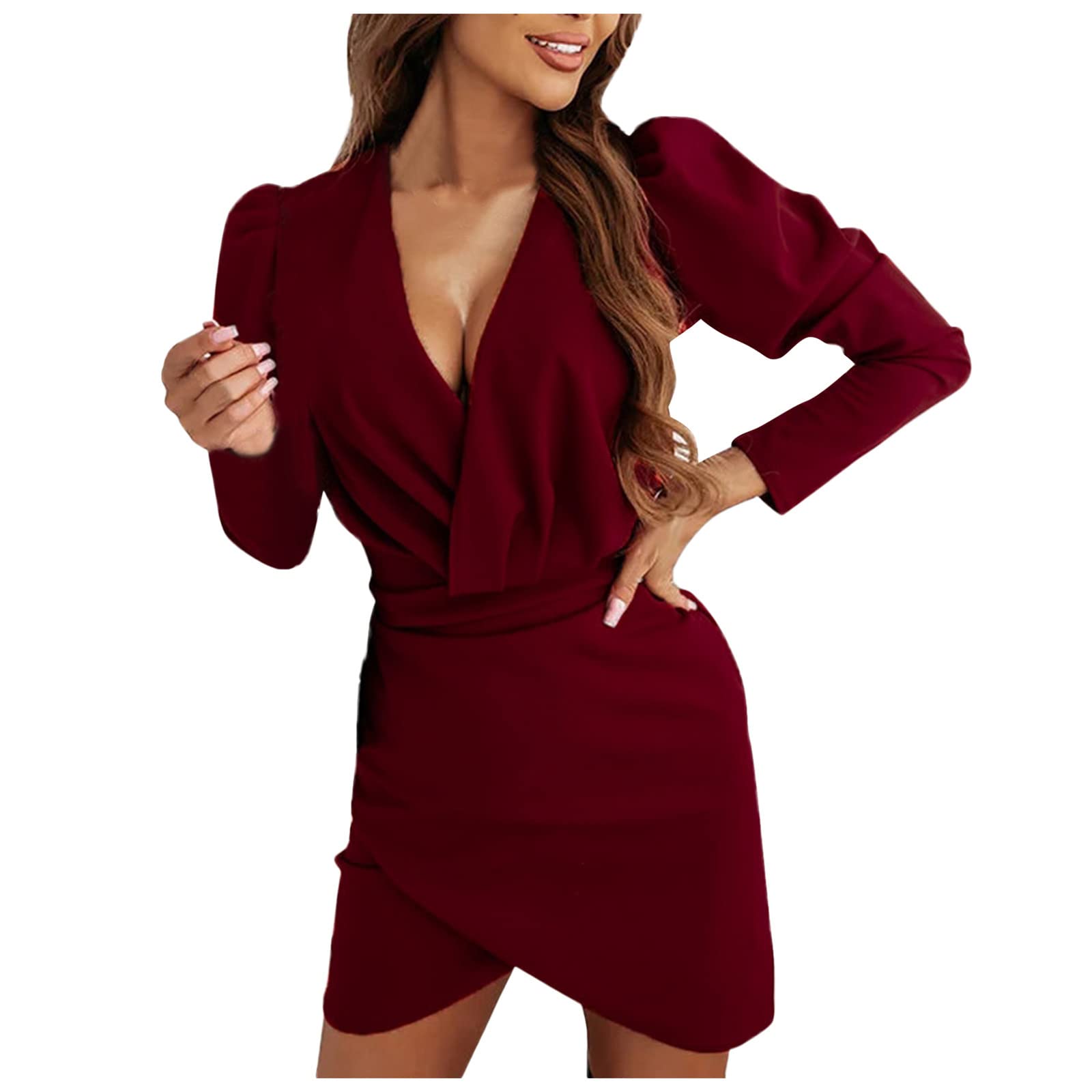 Women's Casual Long Sleeve Puff Sleeve V-Neck Dress with Bag Hip Skirt - Autumn Beach Dresses for Women | Perfect for Beach Vacations, Date Nights & Fall Outings