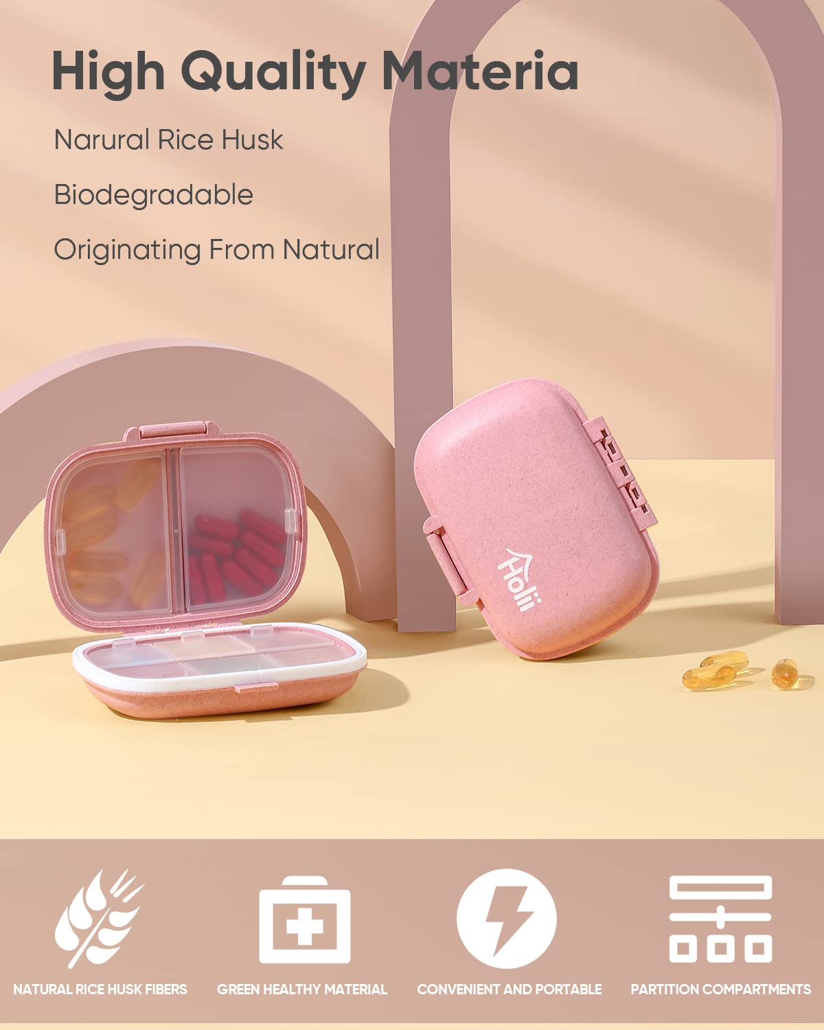 Holii 8-Compartment Travel Pill Organizer - Portable Daily Pill Case for Vitamins & Medicine - Compact Pill Container for Purse, Pocket & On-The-Go Use (Pink)
