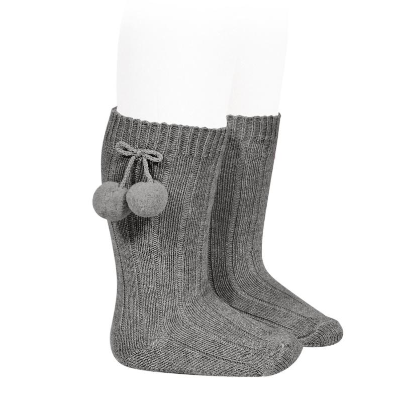Light Grey Knee High Pom Pom Socks for Women - Cozy Winter Knit Socks with Cute Fur Balls - Perfect for Christmas Gifts, Lounge Wear & Outfit Accessories