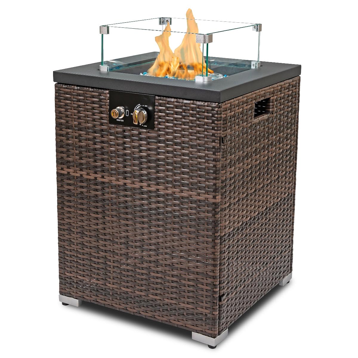 22in Outdoor Propane Gas Fire Pit Table - 40,000 BTU Auto-Ignition Fire Pit with Wind Guard & Glass Rocks - Weather-Resistant Steel Tabletop & Brown PE Rattan - Perfect for Patio, Backyard, and Garden Gatherings