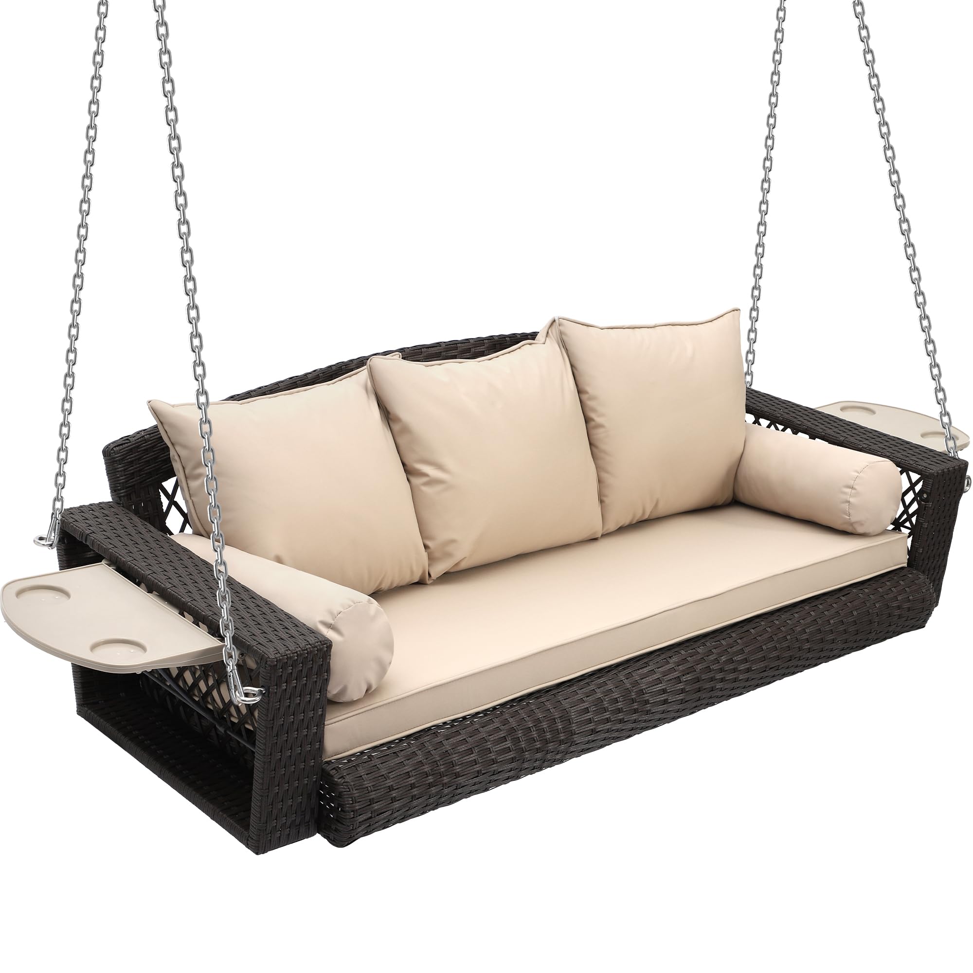 Grepatio 3-Person Wicker Porch Swing Chair - Outdoor Rattan Hanging Swing Bench with Cushion & Pillow - Brown Rattan with Khaki Cushion - Perfect for Garden, Yard, Lawn, Patio & Backyard Relaxation