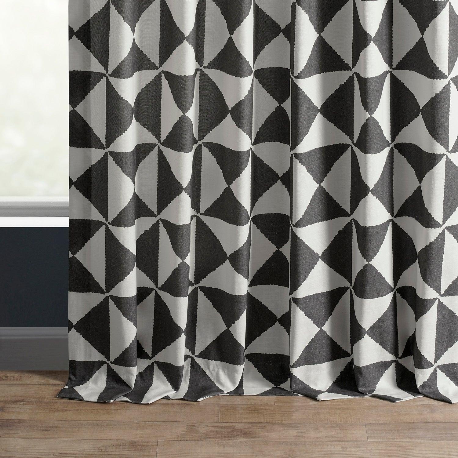 X Block Black Geometric Textured Printed Cotton Curtains for Living Room & Bedroom - Modern Window Treatment for Home Decor