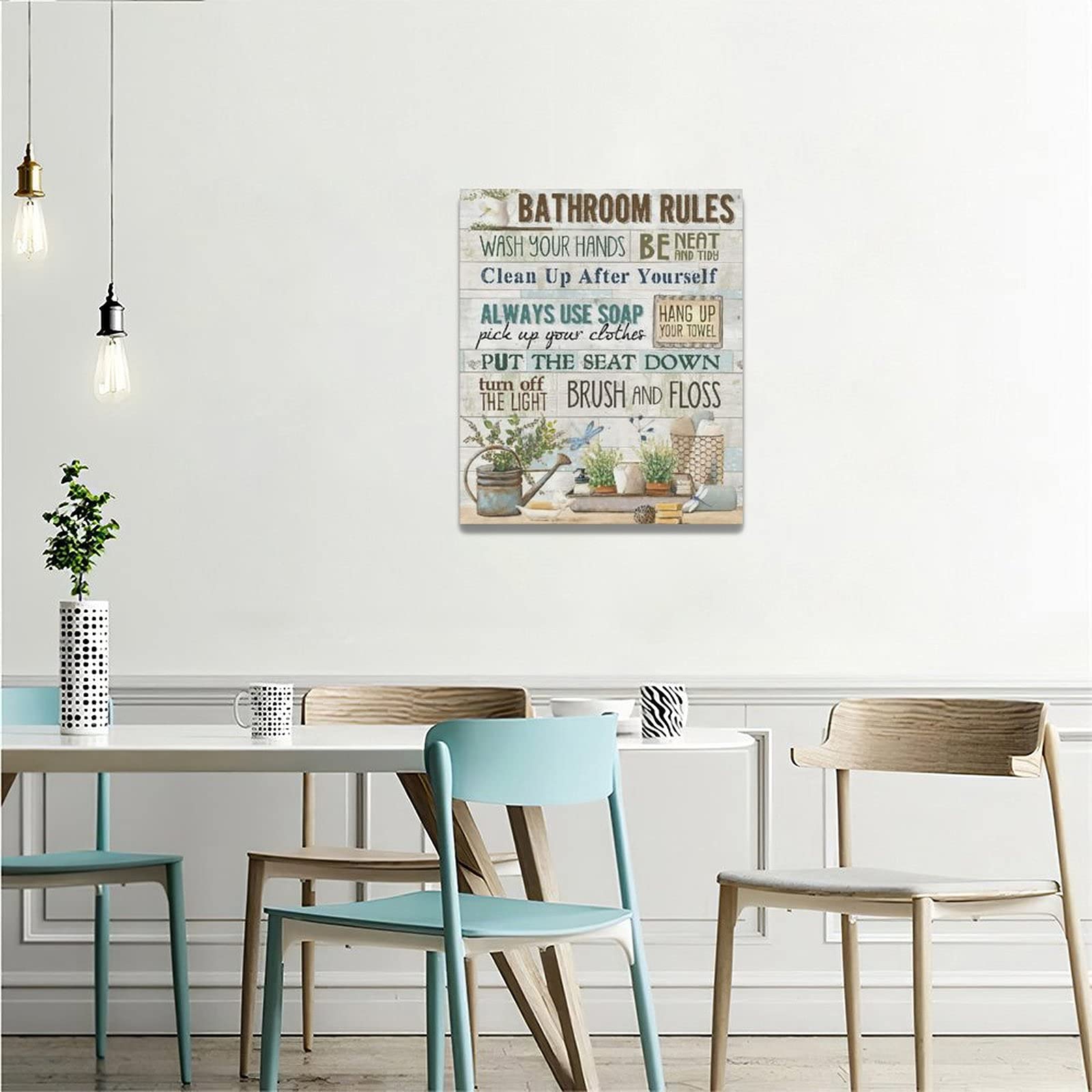 Rustic Bathroom Rules Canvas Wall Art - Farmhouse Decor with Wood Background, Framed Bath & Laundry Room Sign for Home Decor | Perfect for Bathroom, Powder Room & Guest House Decorations