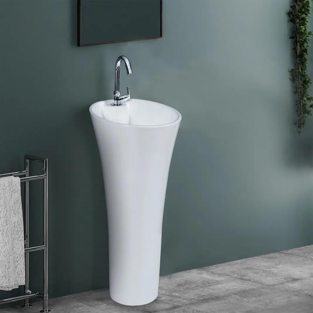 Clay Plus Ceramic Pedestal Wash Basin - Modern Free Standing Damru Design Sink for Bathroom, Living Room & Home Decor | Perfect for Small Spaces & Luxury Interiors