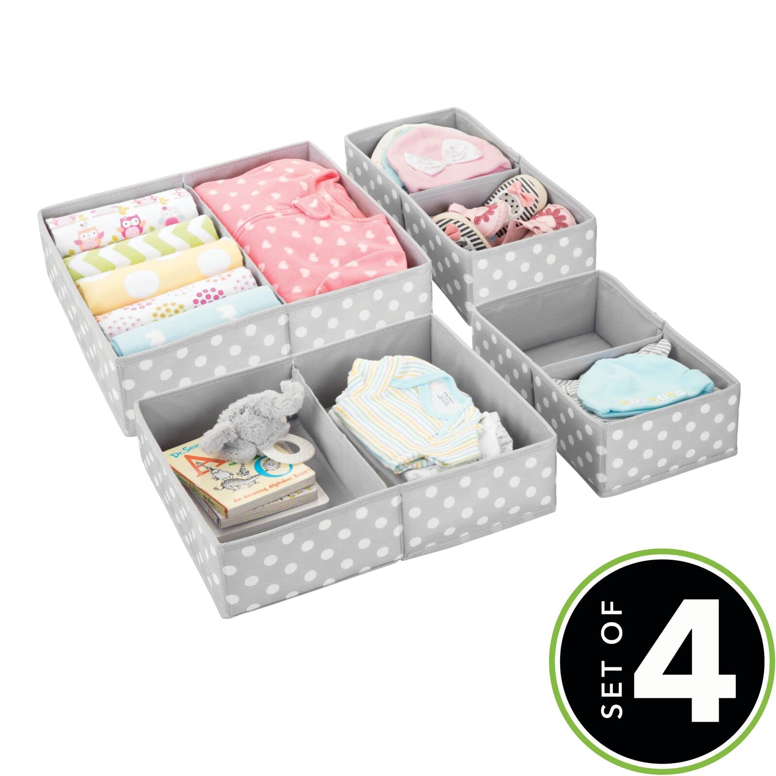 mDesign Fabric Drawer Storage Divider Organizer Bins - 2 Pack Gray/White Polka Dot for Nursery, Kids Bedroom, Dresser & Closet Organization | Perfect for Storing Clothes, Toys, Diapers & Playroom Essentials