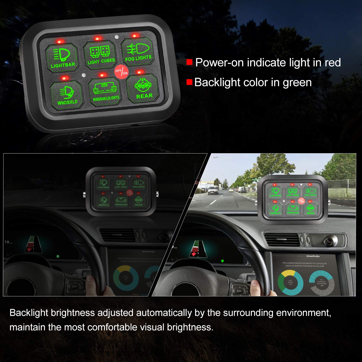 6 Gang Switch Panel with Auto Power Plus - Universal Dimmable Touch Control Box with Relay System & Harness Label Sticker for Car, Marine, Boat, ATV, UTV, Truck - Perfect for Off-Road Adventures & Night Driving