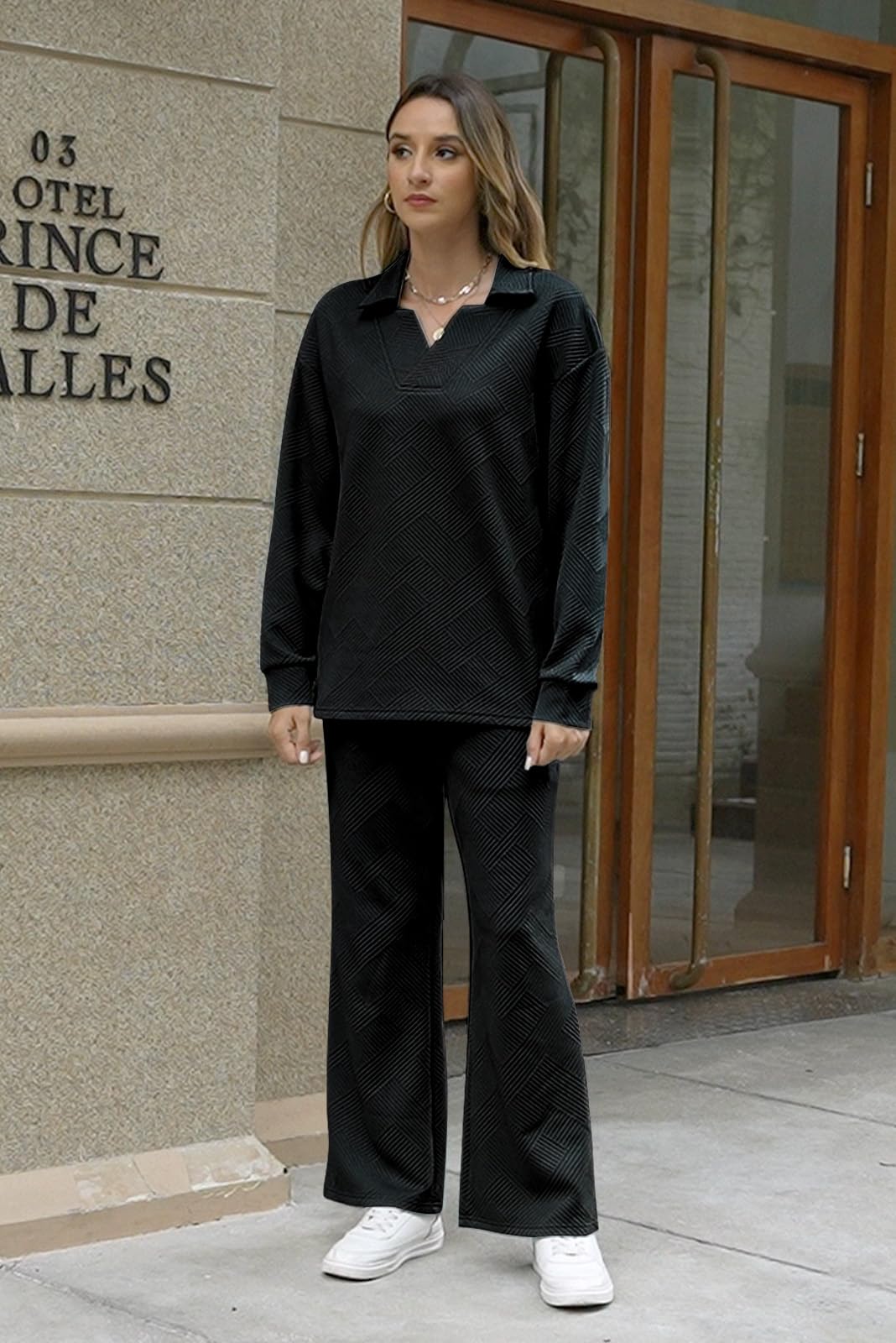 Women's Lounge Sets - 2 Piece Textured Sweatsuit with Polo Sweatshirt & Wide Leg Sweatpants with Pockets | Comfortable Outfit for Home, Yoga, Travel & Casual Wear