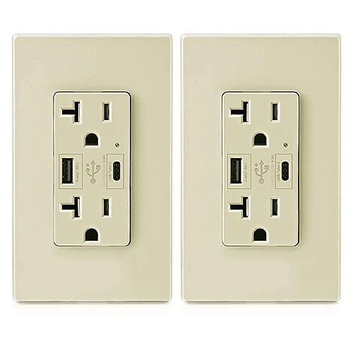VAV 20A USB C Charger Wall Outlet - 4.8A Fast Charging Dual Port Receptacle with Smart IC & Tamper-Proof Design (2 Pack, Ivory) | UL Certified for Home, Office & Kitchen Use