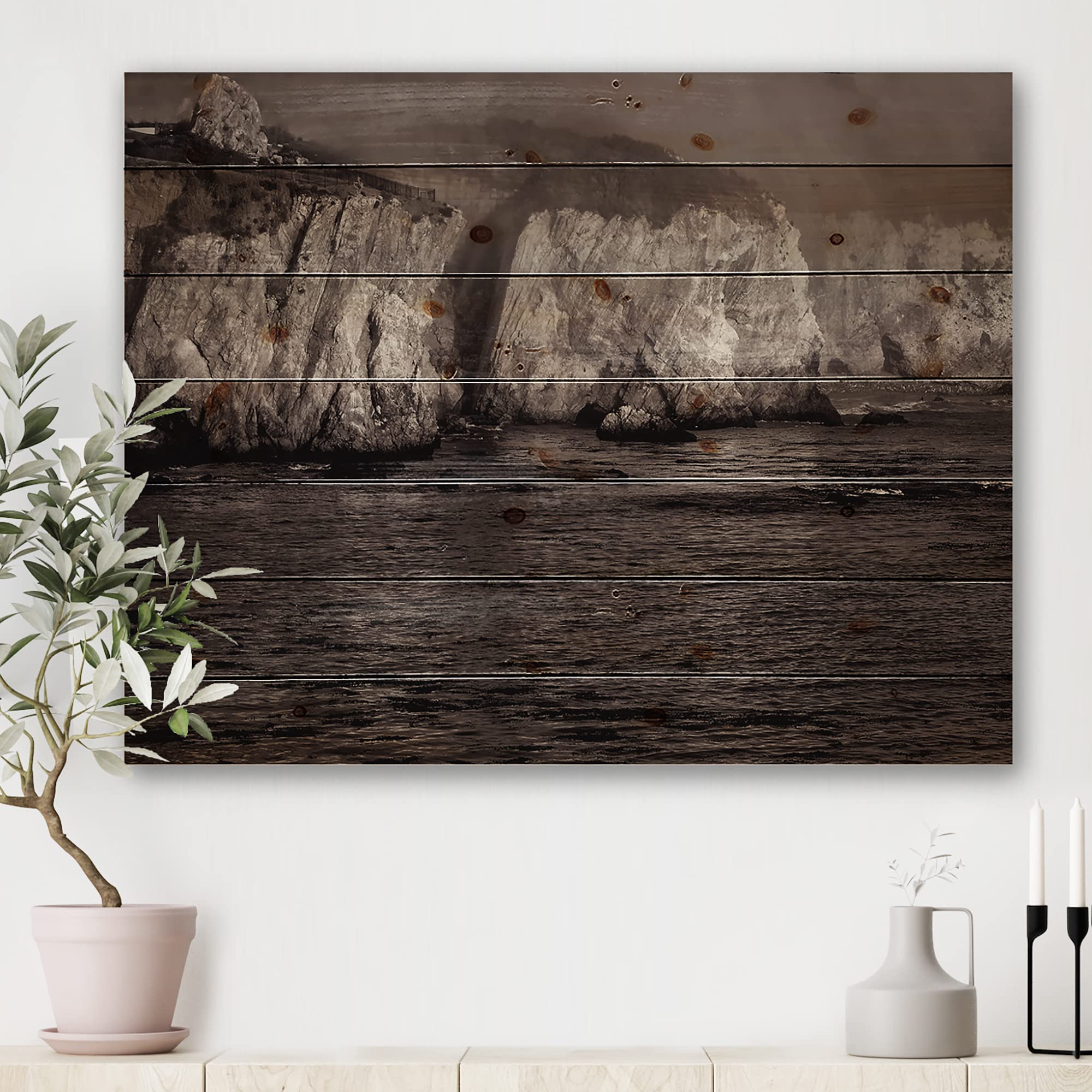 DesignQ Gold Cliffs In The Fog Modern Wood Wall Art - Contemporary Grey Landscape Panel Decor Printed on Natural Pine - Perfect for Living Room, Bedroom & Office Wall Decor