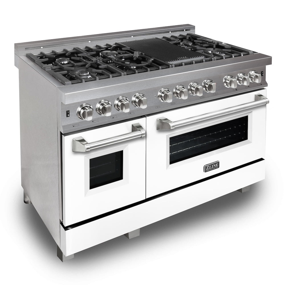 ZLINE 48-Inch Professional Dual Fuel Range Kitchen Package - Stainless Steel Gas Range with White Matte Door & Convertible Vent Hood for Home Chefs | Perfect for Modern Kitchens & Gourmet Cooking