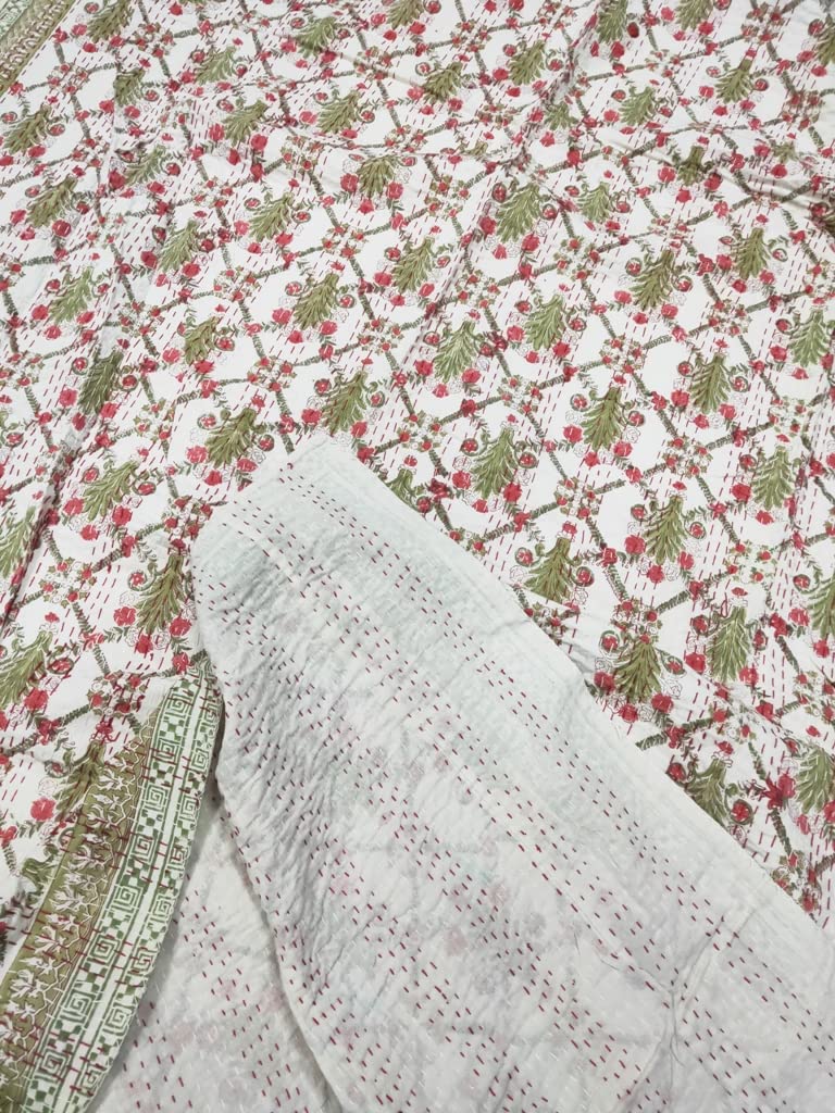 Handmade Indian Kantha Quilt - Floral Printed Cotton Bedspread Coverlet, Queen Size Hand Block Kantha Throw Blanket (Red Tree) | Perfect for Boho Bedroom Decor, Cozy Living Room Accent & Unique Gift Idea