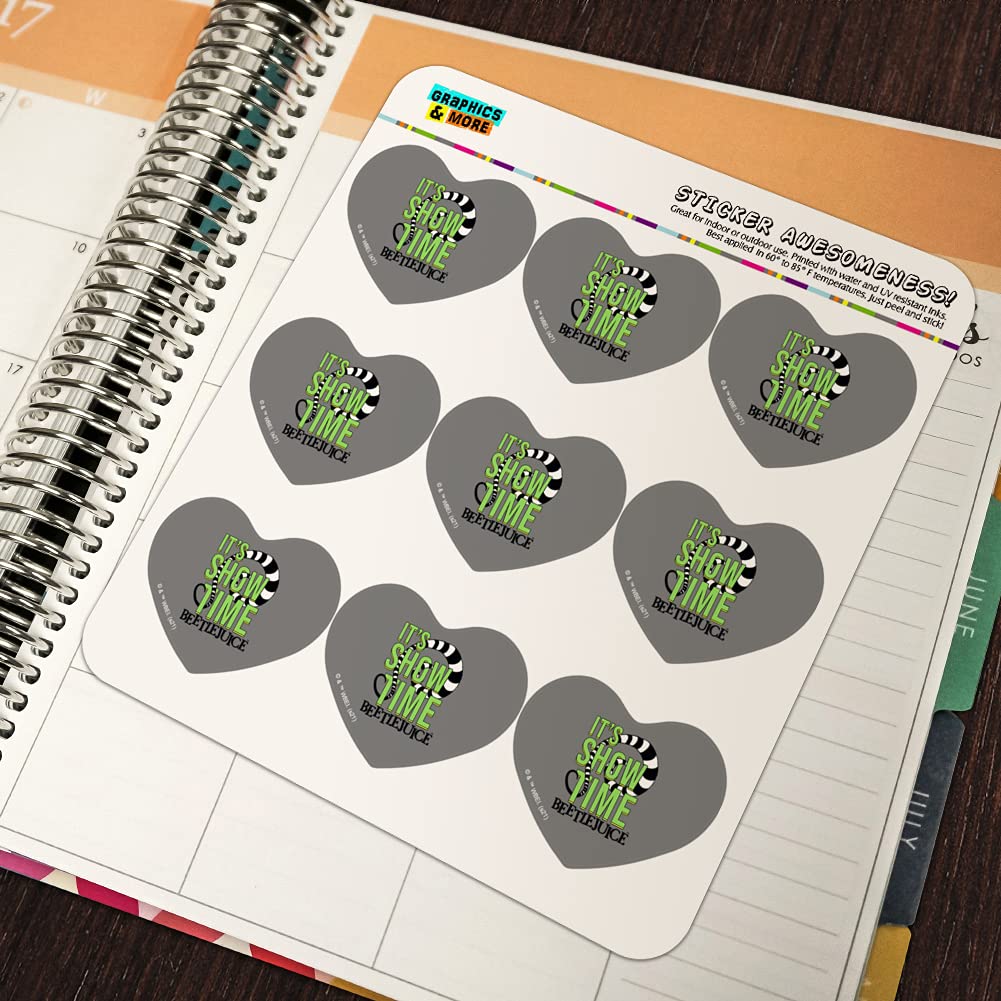 Beetlejuice 'It's Showtime' Quote Heart-Shaped Stickers - Planner, Calendar, Scrapbook, Journal, DIY Craft Supplies for Bullet Journaling, Card Making, and Party Decorations