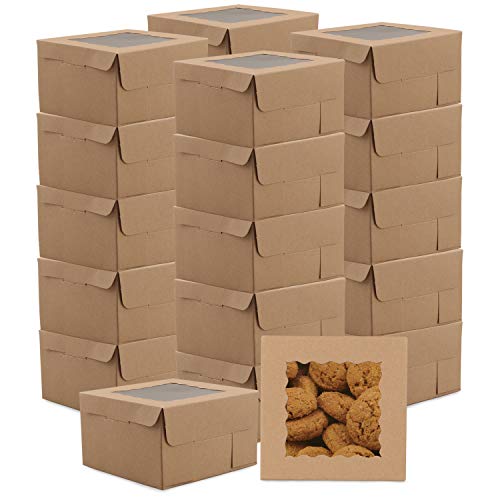 Premium Christmas Cake Boxes 30-Pack - 4x4x2.5 Inch Bakery Gift Boxes with PVC Window for Pies, Cookies & Holiday Treats | Brown Craft Storage Containers for Christmas Gifting, Party Favors & Dessert Display