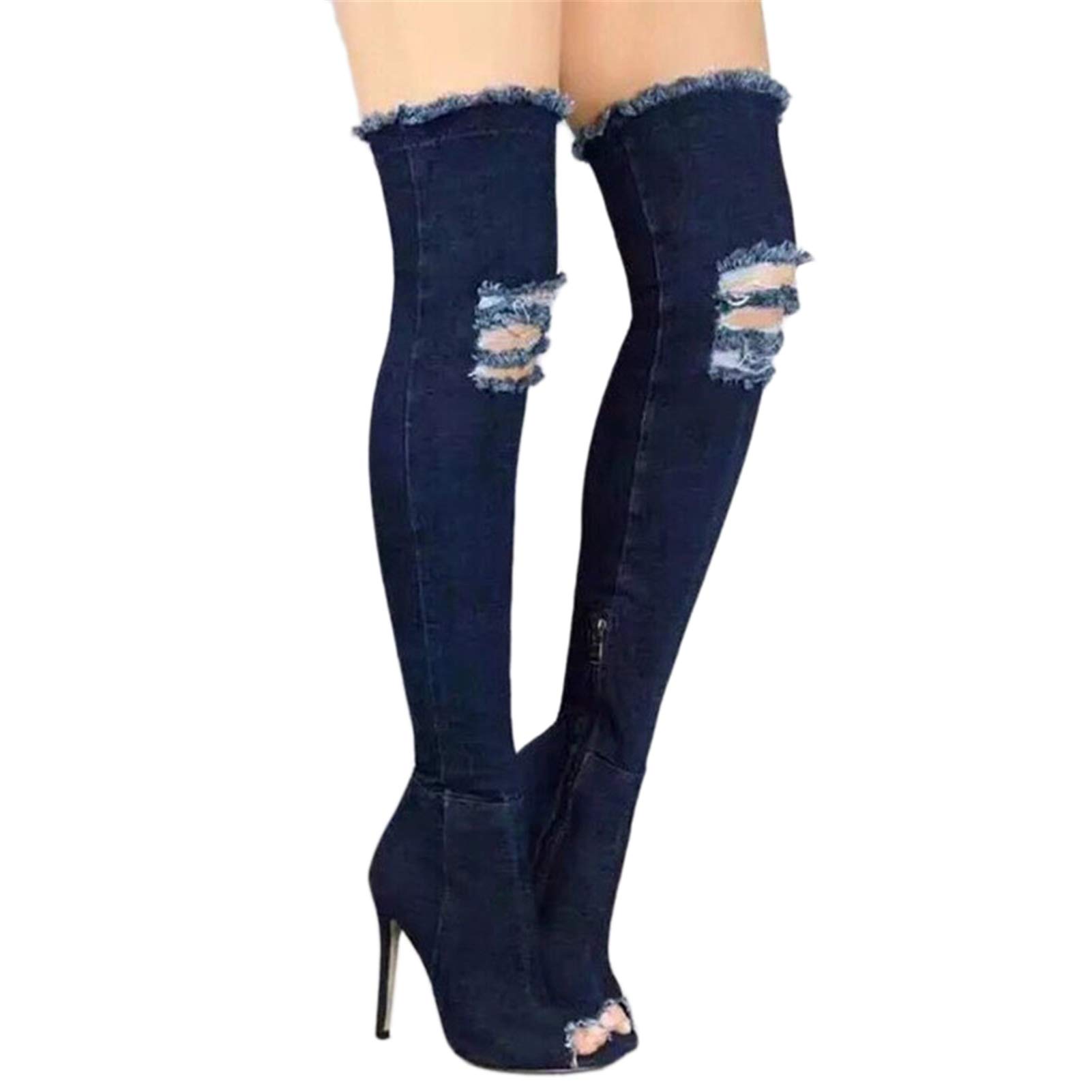 HOAPL Women's Blue Denim Thigh High Boots - Ripped Sexy Stiletto Heels with Side Zipper (Size 35/E) - Perfect for Night Out, Party & Fashion Statement