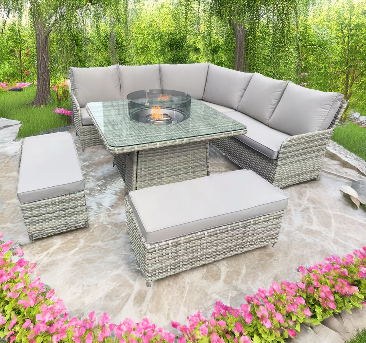 Almeria L-Shaped Rattan Patio Furniture Set with Square Fire Pit Table - Outdoor Garden, Backyard, Poolside Lounge Set for Relaxing & Entertaining