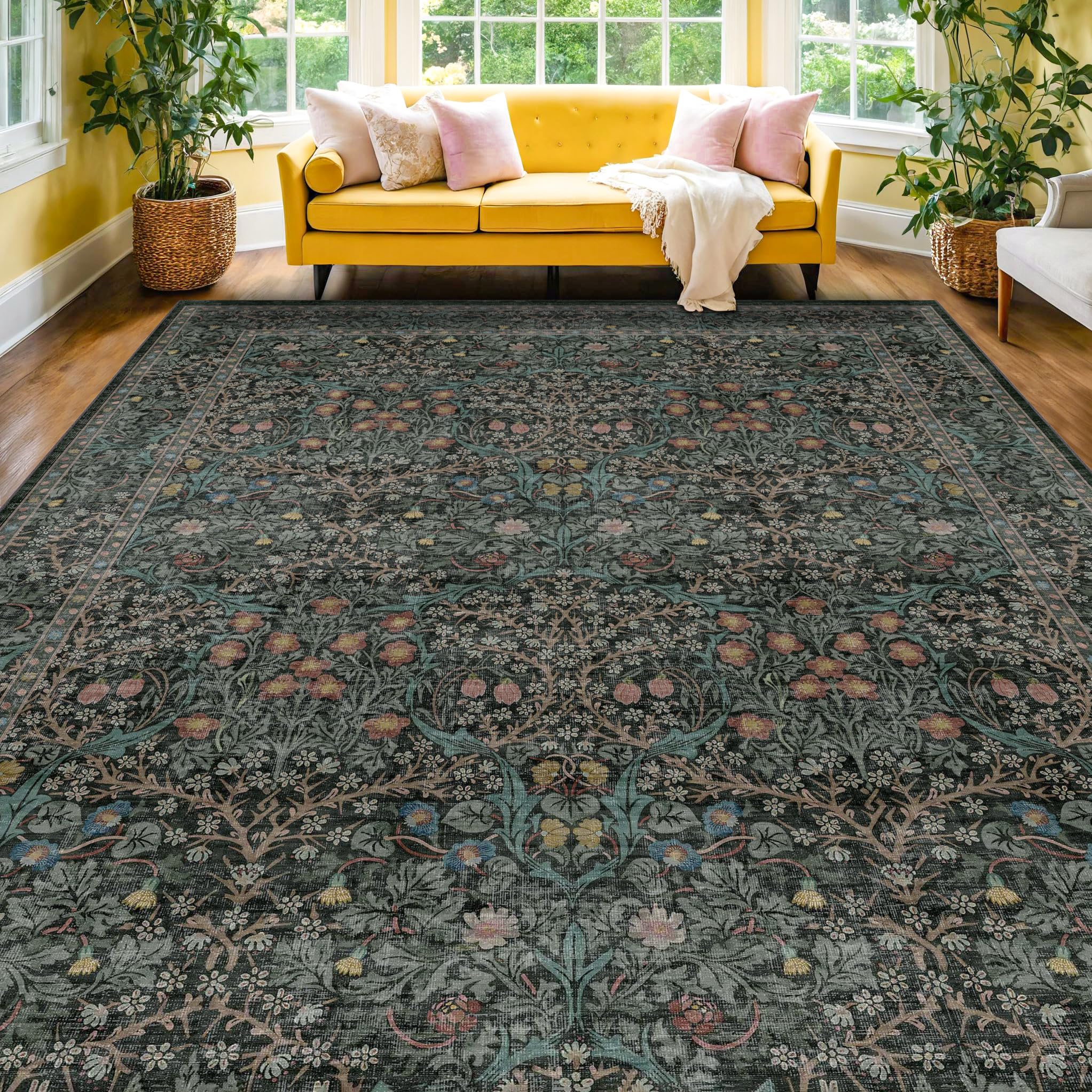 Vintage Dark Green 8x10 Washable Area Rug - Non-Slip Low Pile Stain Resistant Oriental Rug for Living Room, Bedroom, Dining Room & Kitchen Under Table - Perfect for Home Decor & High Traffic Areas (8x10 Dark Green)