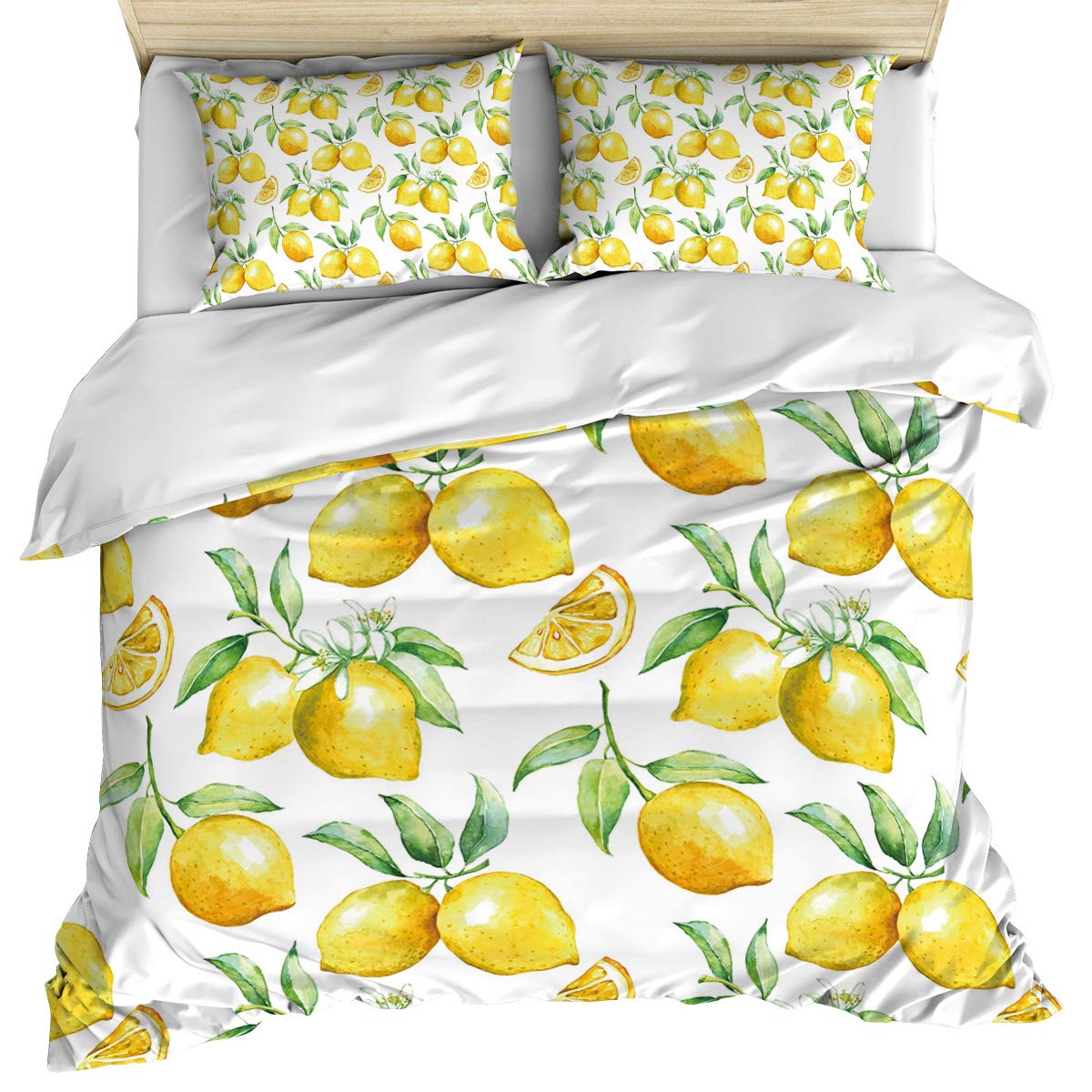 Vintage Lemon Yellow 3-Piece Bedding Set - Full Size Duvet Cover + Pillow Shams, Ultra Soft Breathable Microfiber with Fruits & Green Leaves Design - Perfect for Spring/Summer Bedroom Decor & Guest Room Essentials