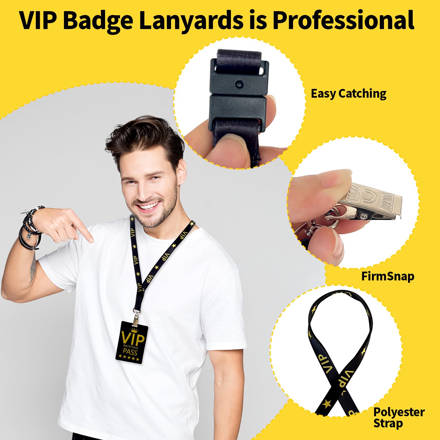 VIP Badge Lanyards with PVC Pass Cards - 30 Sets Black Breakaway Lanyards for Events & Parties
