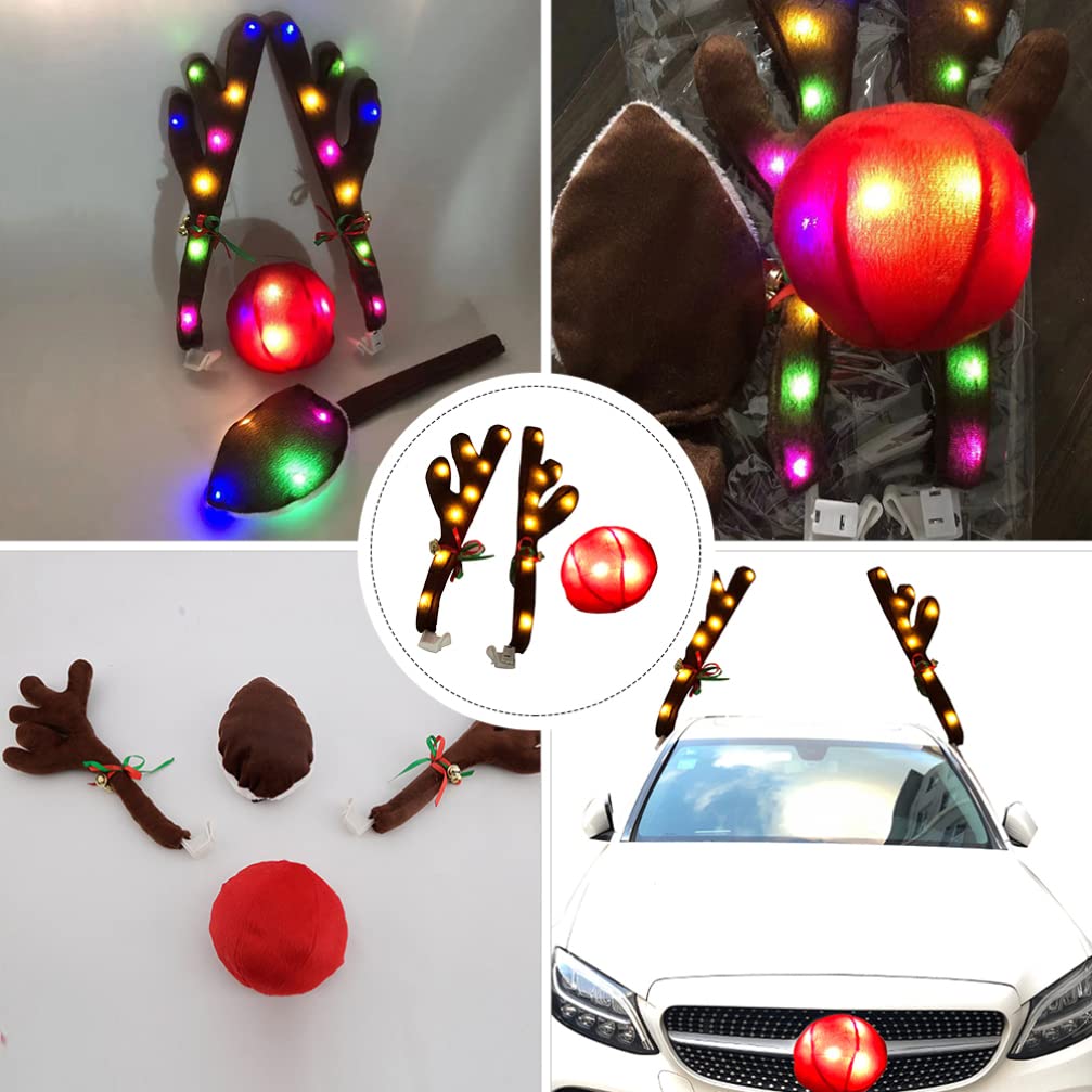 VICASKY LED Luminous Reindeer Antlers Car Decor - Christmas Roof Top Ornament with Red Nose & Plush Suit Kit for Auto Window Decoration | Perfect for Holiday Car Parades, Christmas Parties & Festive Family Road Trips