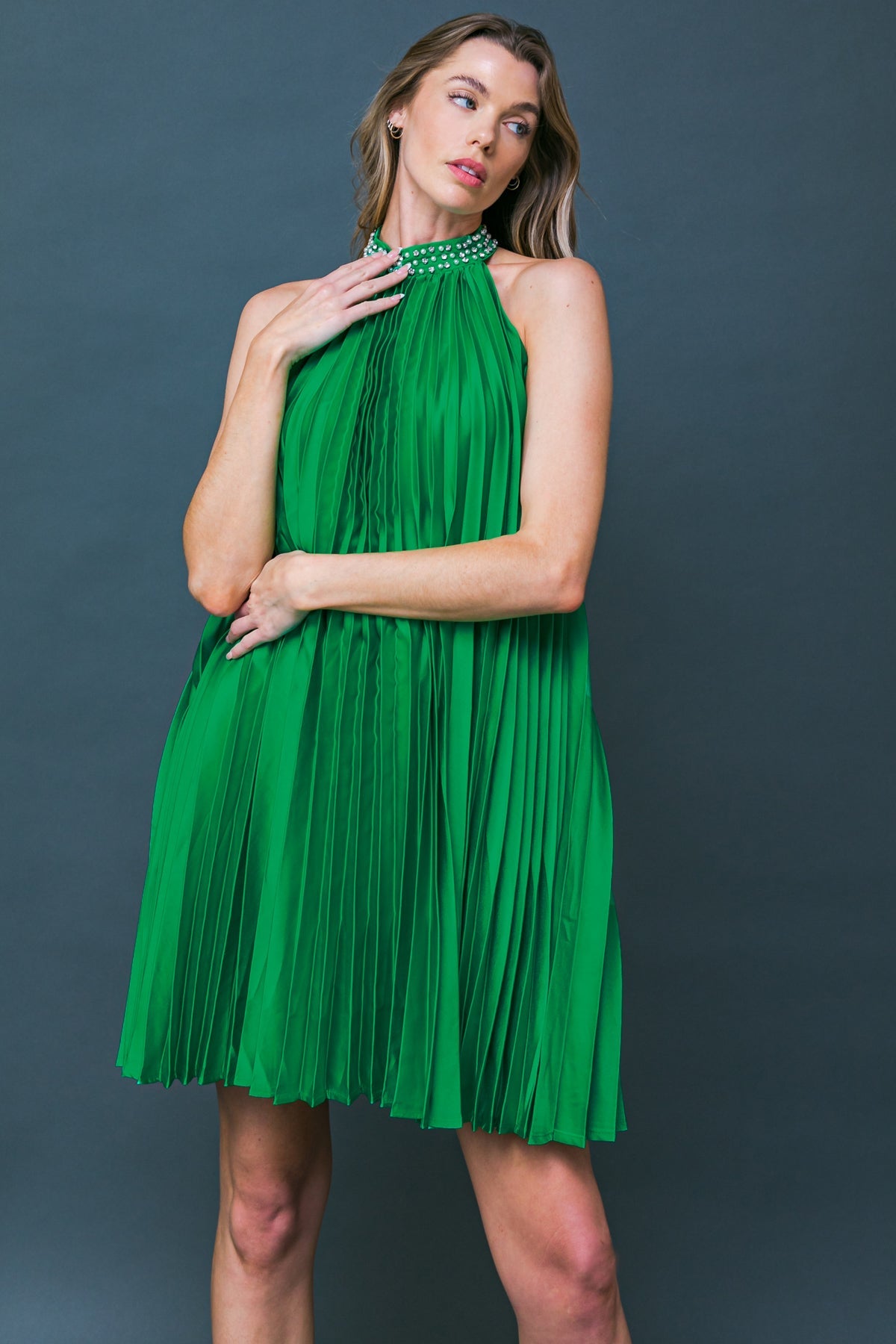 FIESTA FRIDAY Pleated Mini Dress with Halter Neck - Perfect for Parties, Date Nights & Summer Outfits