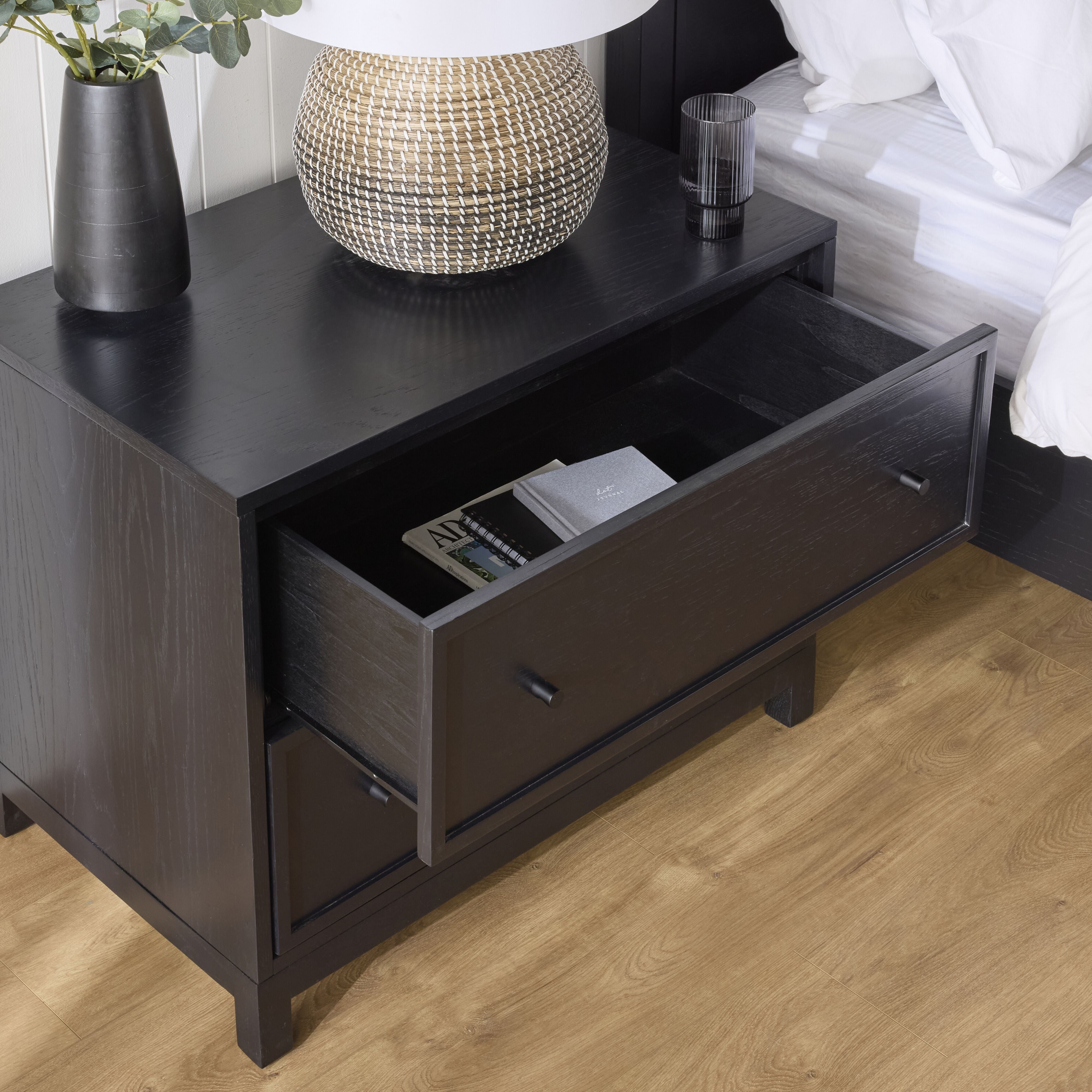 Avalon Large 2-Drawer Nightstand - Black Wood Bedside Table for Bedroom, Living Room & Office Storage