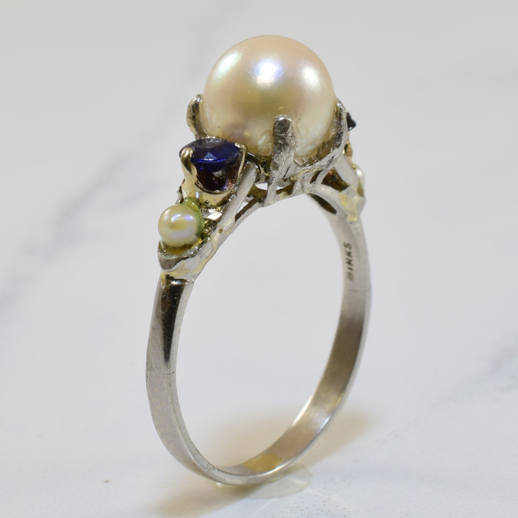 Pearl & Blue Sapphire Cathedral Ring - 7.50 Carat Total Weight (CTW) - Size 5 - Elegant Wedding Band, Anniversary Gift for Her, Bridal Jewelry, Perfect for Special Occasions & Evening Events