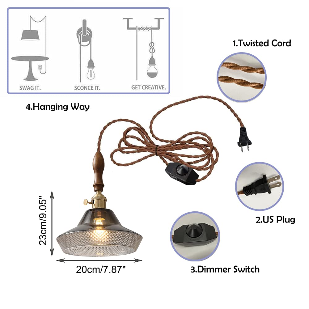Nordic Style 15ft Brown Twisted Cord Pendant Light with E26 Base & Dimmer Switch - Grey Glass Shade for Loft, Restaurant, Laundry Room & Bar Decor (Bulb Not Included) | Modern Industrial Lighting Fixture for Kitchen Island, Dining Room & Commercial Spaces