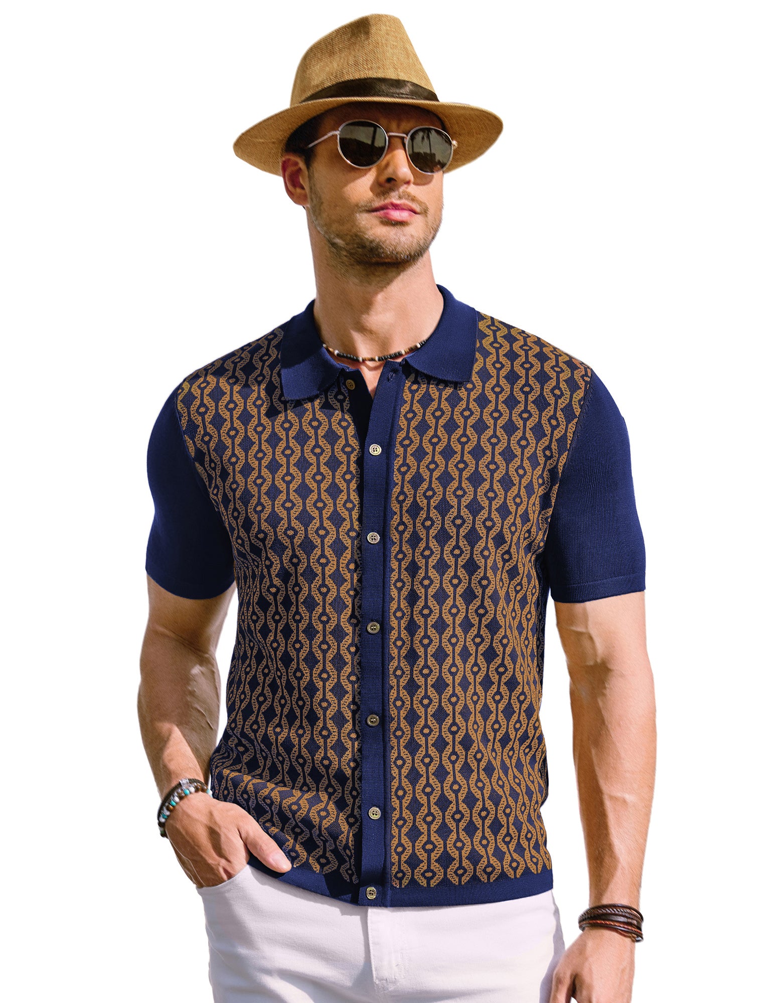 PAUL JONES Men's 70s Vintage Contrast Polo Shirt Short Sleeve Cardigan Sweater - Retro Casual Knitwear for Everyday Wear & Weekend Outings