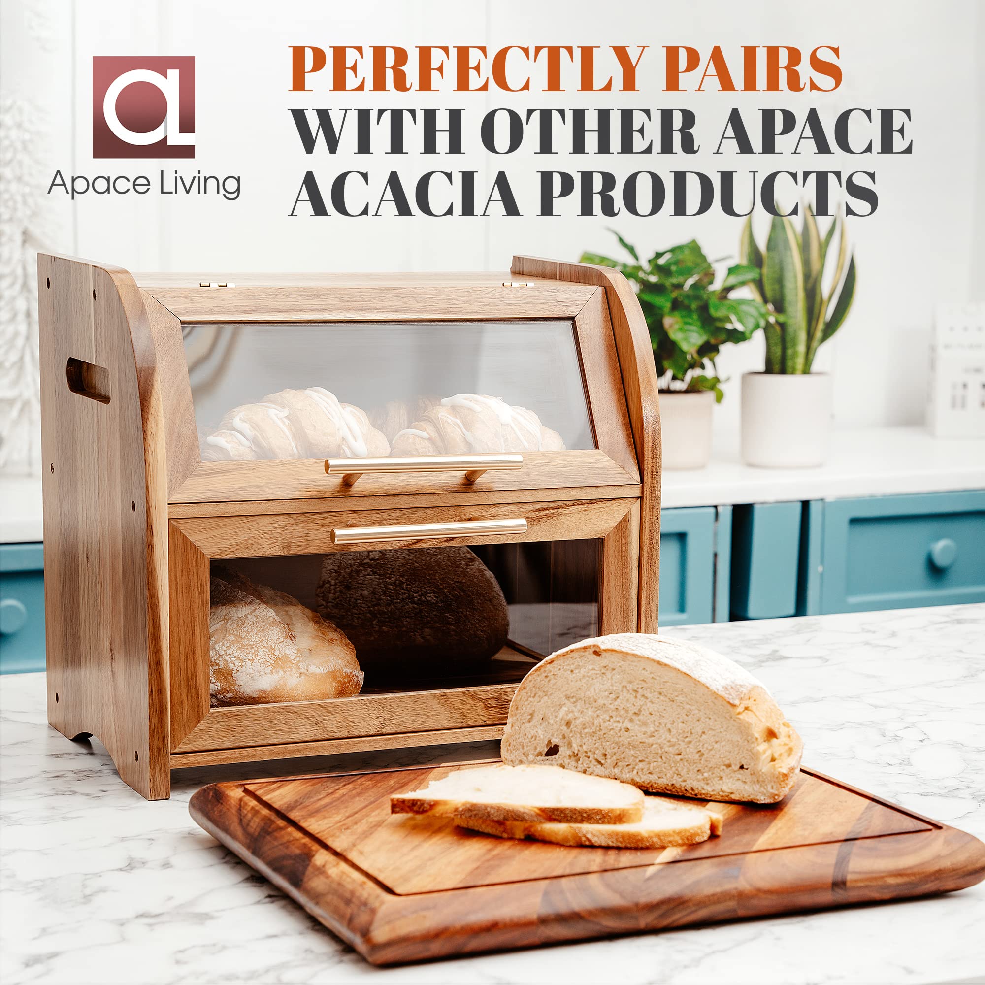 Premium Acacia Wood Bread Box for Kitchen Countertop - Extra Large 2-Tier Bread Storage with Clear View Windows & Ventilation | Keeps Bread, Bagels, Rolls Fresh | Easy Assembly | Perfect for Bakeries, Restaurants & Home Kitchens