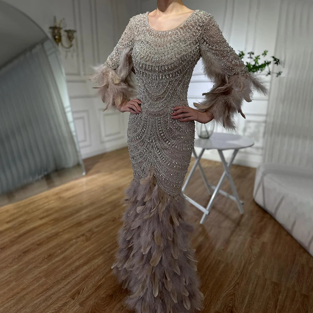 Luxury Dubai Nude Saudi Arabic Evening Gown with Beaded Feathers - Elegant Formal Dress for Women LA72736 | Perfect for Weddings, Galas & Special Occasions
