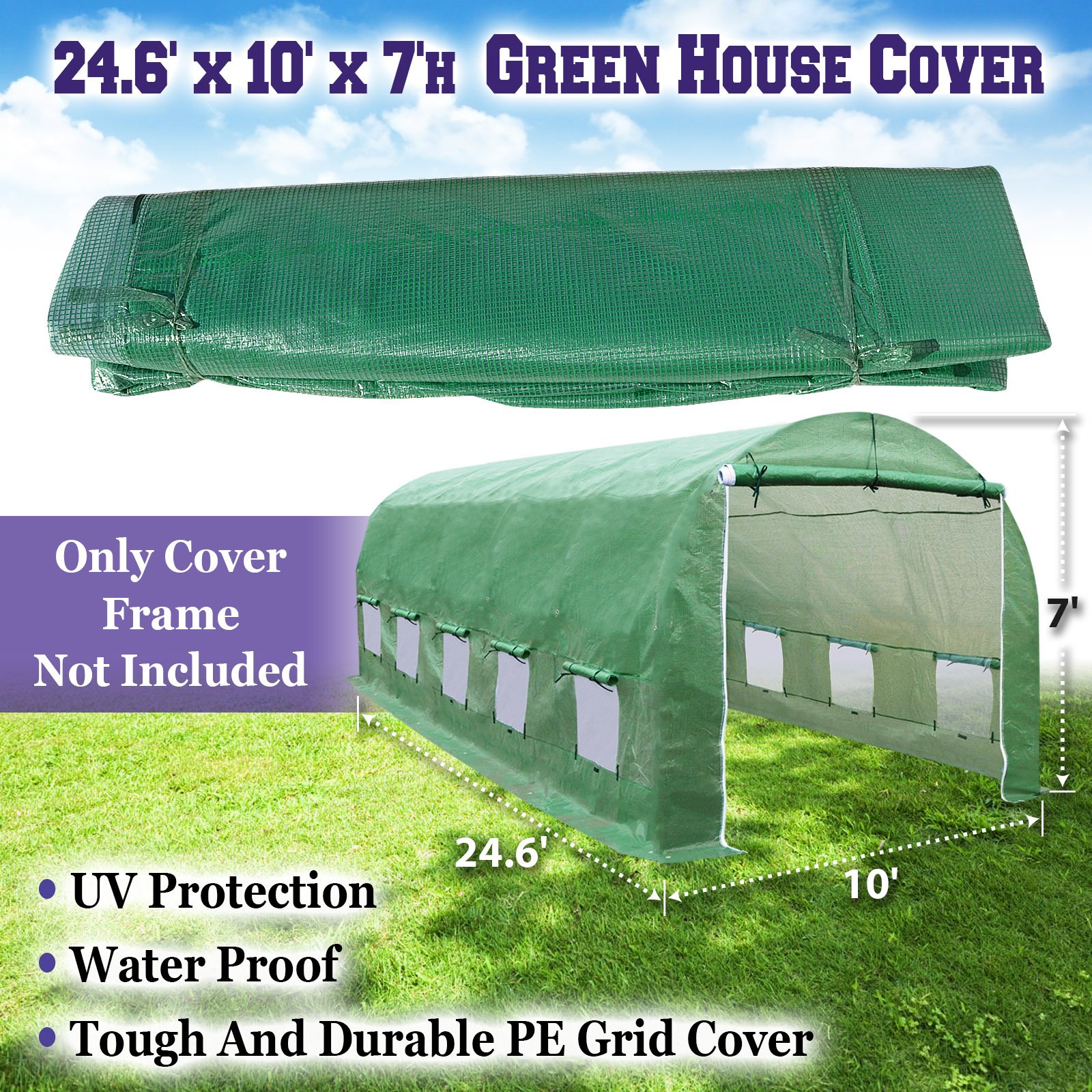 BenefitUSA 24.6'X10'X7' Walk-in Greenhouse Replacement Cover Canopy for Outdoor Plant Gardening - Durable Replacement Top for Large Greenhouses (Frame Not Included) - Perfect for Backyard Gardening, Plant Protection & Year-Round Growing