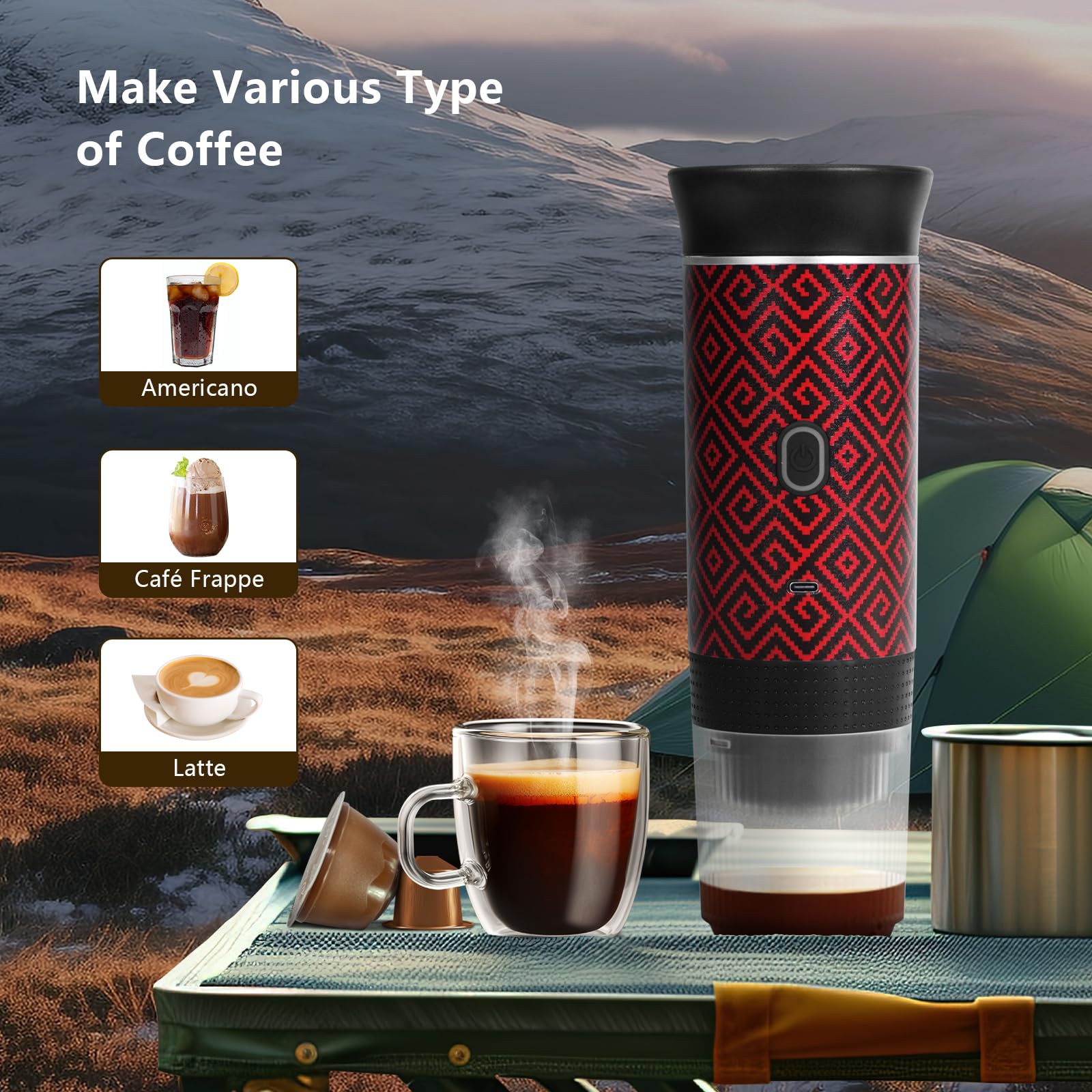 Portable Coffee Maker for Travel & Camping - Battery Powered Electric Espresso Machine with Self Heating, Works with Ground Coffee & Capsules - Perfect for RV, Hiking, Office & Outdoor Adventures (Red & Black)