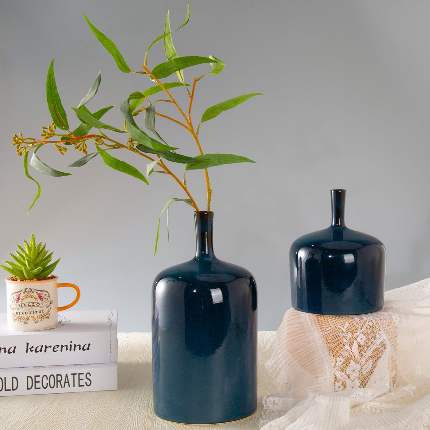 Ceramic Vase Set of 2 - Modern Reactive Glaze Blue Flower Vases for Centerpieces, Long Neck Home Decor for Bedroom, Kitchen, Dining Table | Perfect for Wedding, Housewarming & Farmhouse Decor