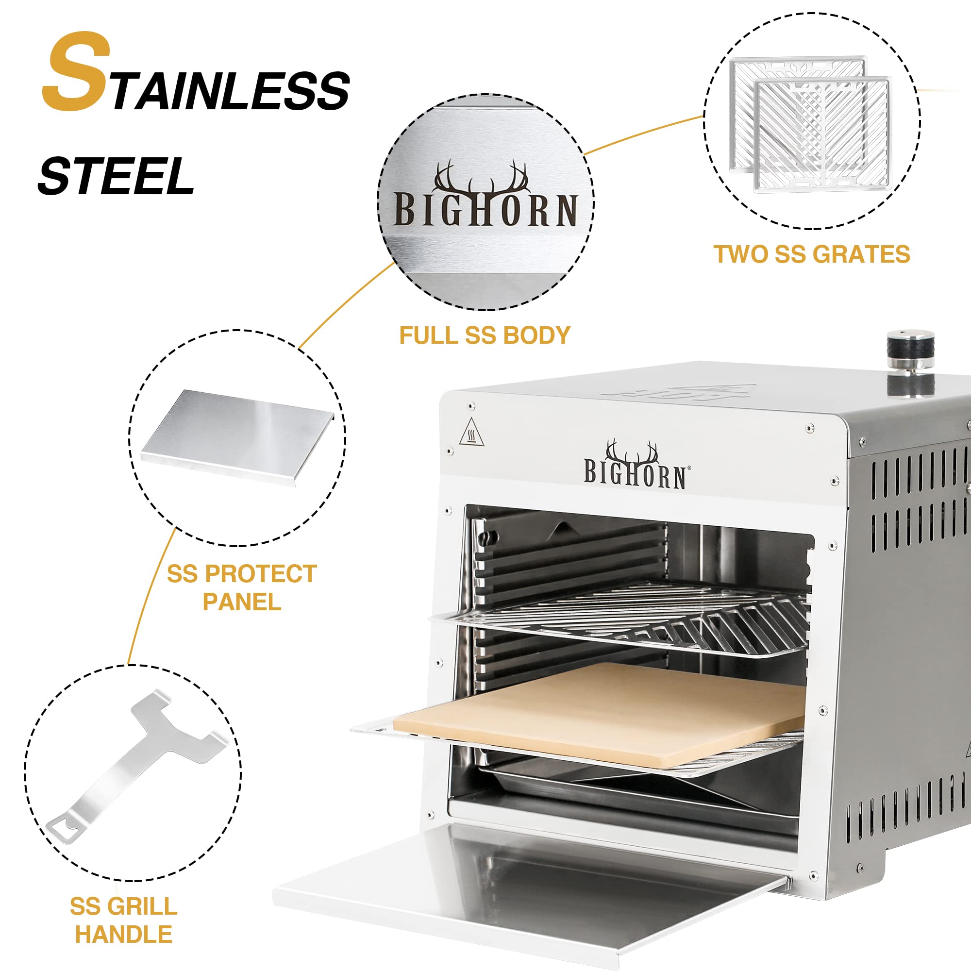 BIG HORN OUTDOORS 1500°F Portable Infrared Grill Tabletop Broiler - Stainless Steel Propane Steak Cooker & Outdoor BBQ Machine with Pizza Stone - Perfect for Grilling Steaks, Burgers, Pizza in Backyard, Camping & Tailgating Parties