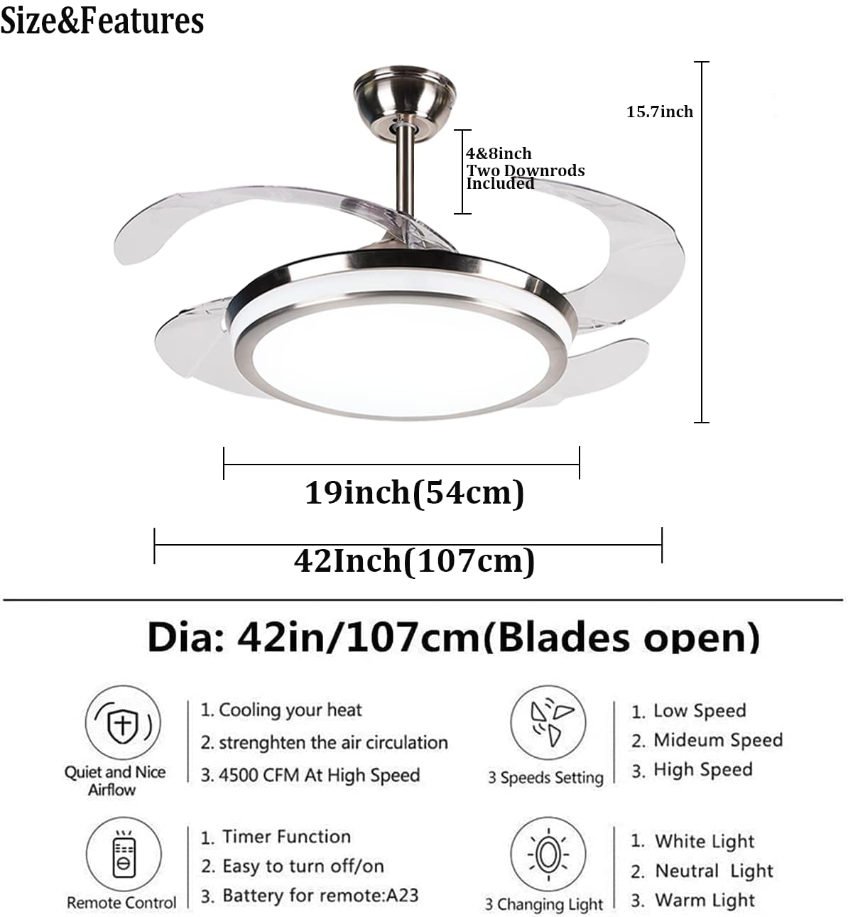 42 Inch Retractable Blade Ceiling Fan with Remote Control & LED Light - Silent Motor, Modern Chandelier Fan for Bedroom, Living Room, and Dining Room