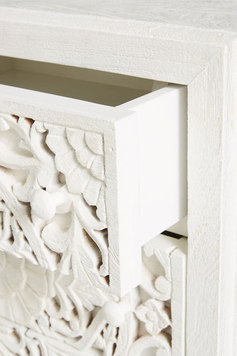 Hand Carved Lombok Three Drawer Nightstand - Solid Wood Bedside Table with Storage | Perfect for Bedroom, Guest Room & Apartment Furniture