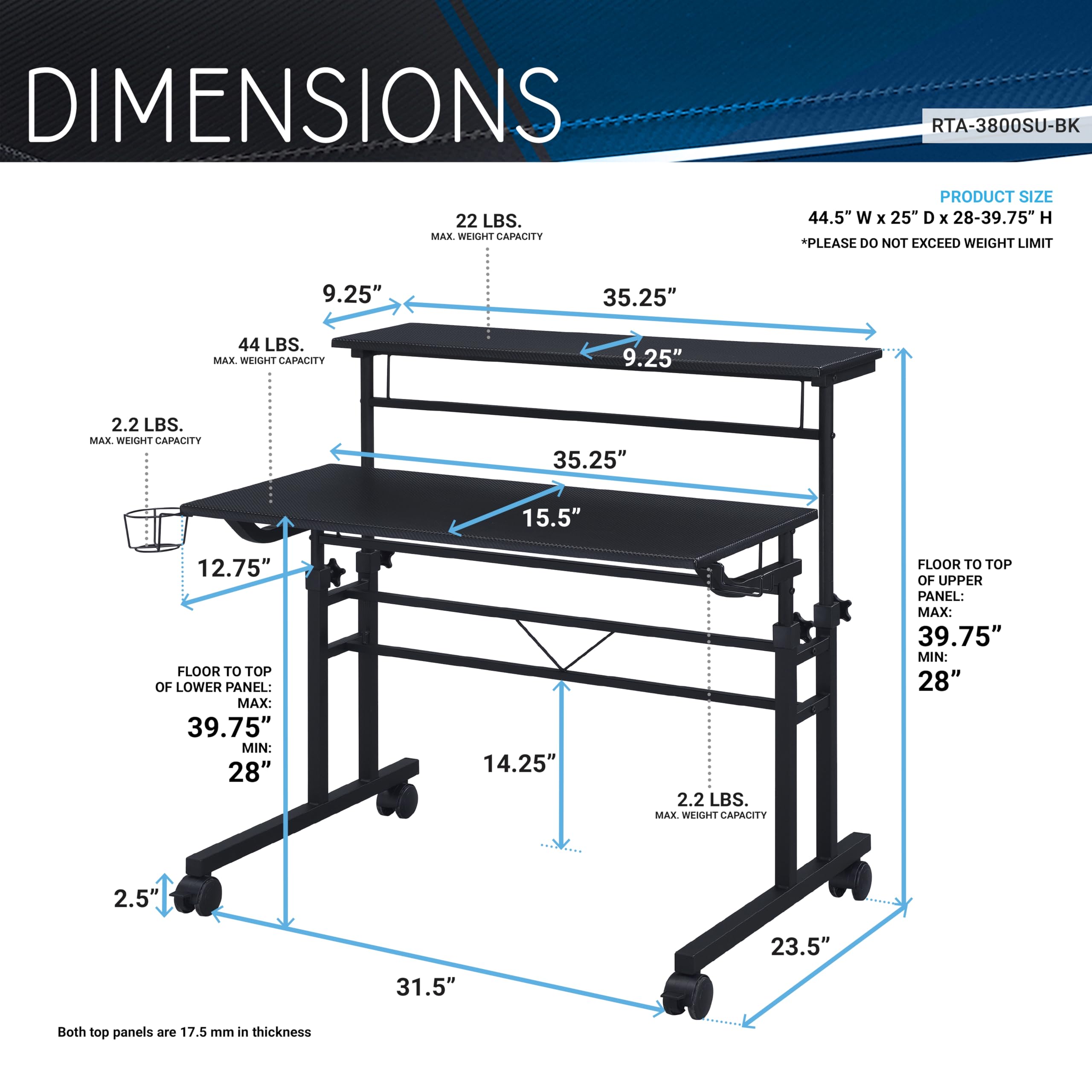 Techni Mobili Adjustable Height Rolling Standing Desk with Wheels - 2-Tier Mobile Office & Gaming Desk with Cup Holder - Black - Perfect for Home Office, Gaming Setup & Small Spaces