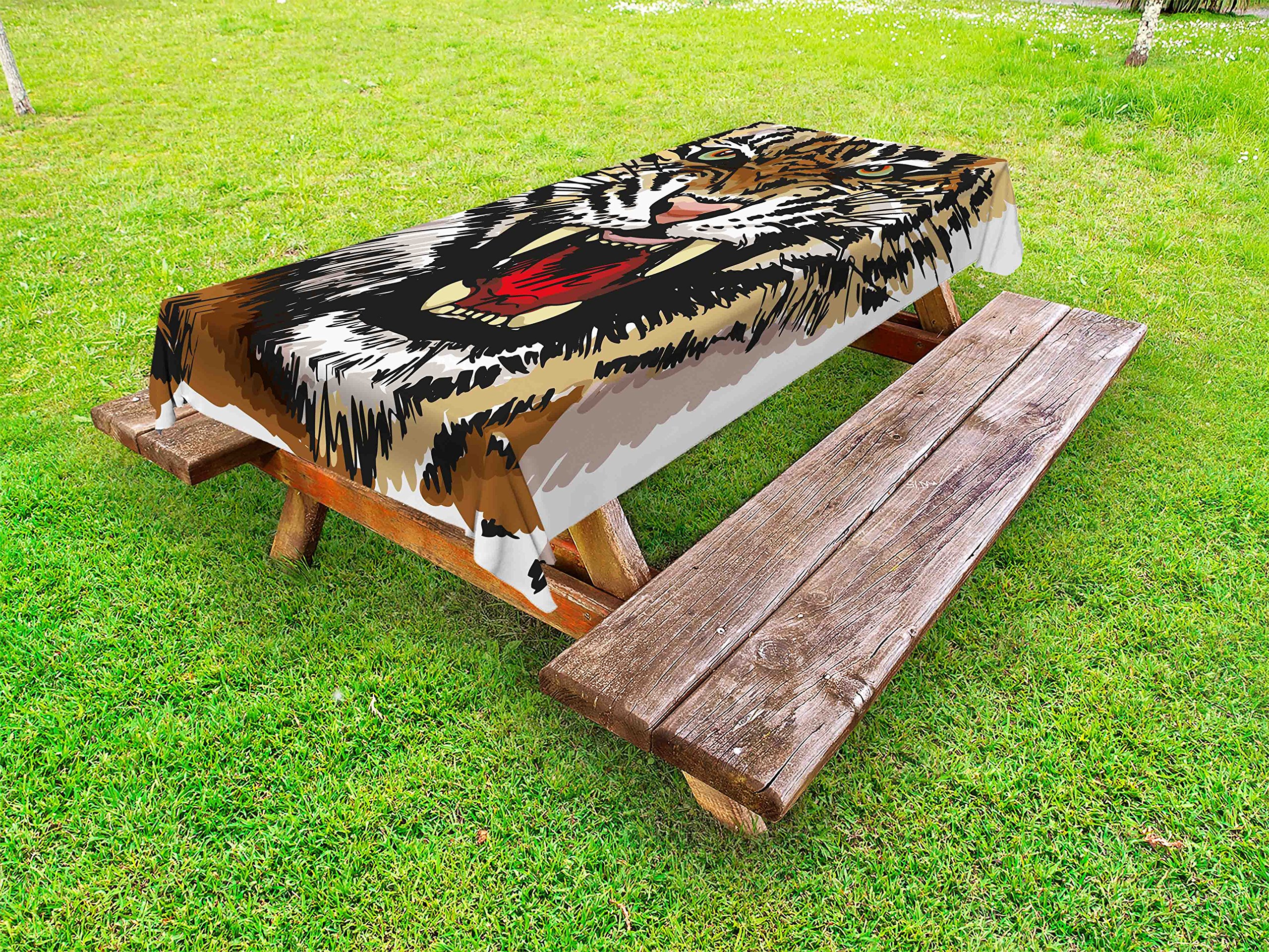 Ambesonne Tiger Print Outdoor Tablecloth - Large Feline Sketch Style with Intense Eyes - Washable Picnic Table Cover 58