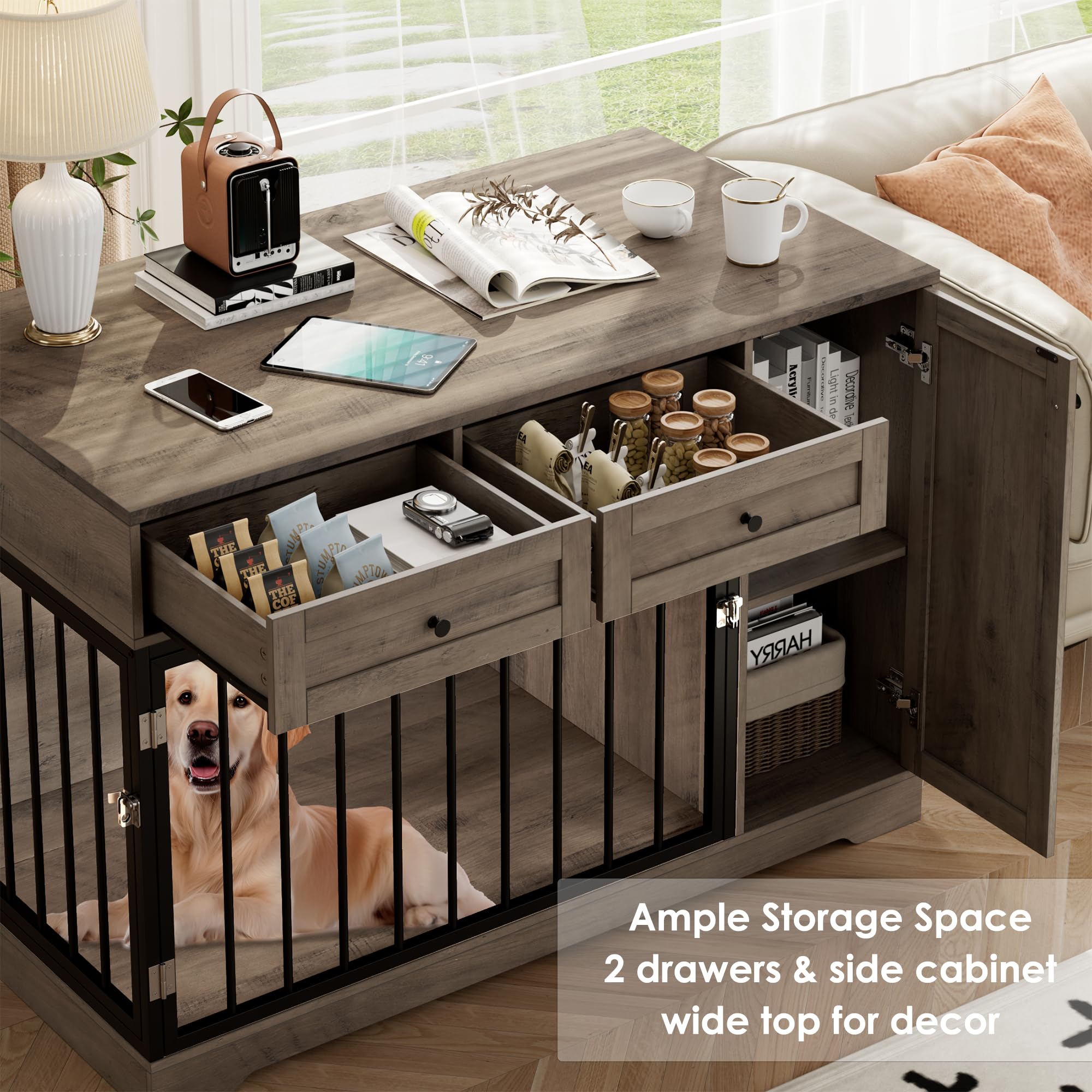 Wooden Dog Crate Furniture with Storage - Modern Pet House for Small Medium Dogs, Indoor Kennel & Side Table for Living Room