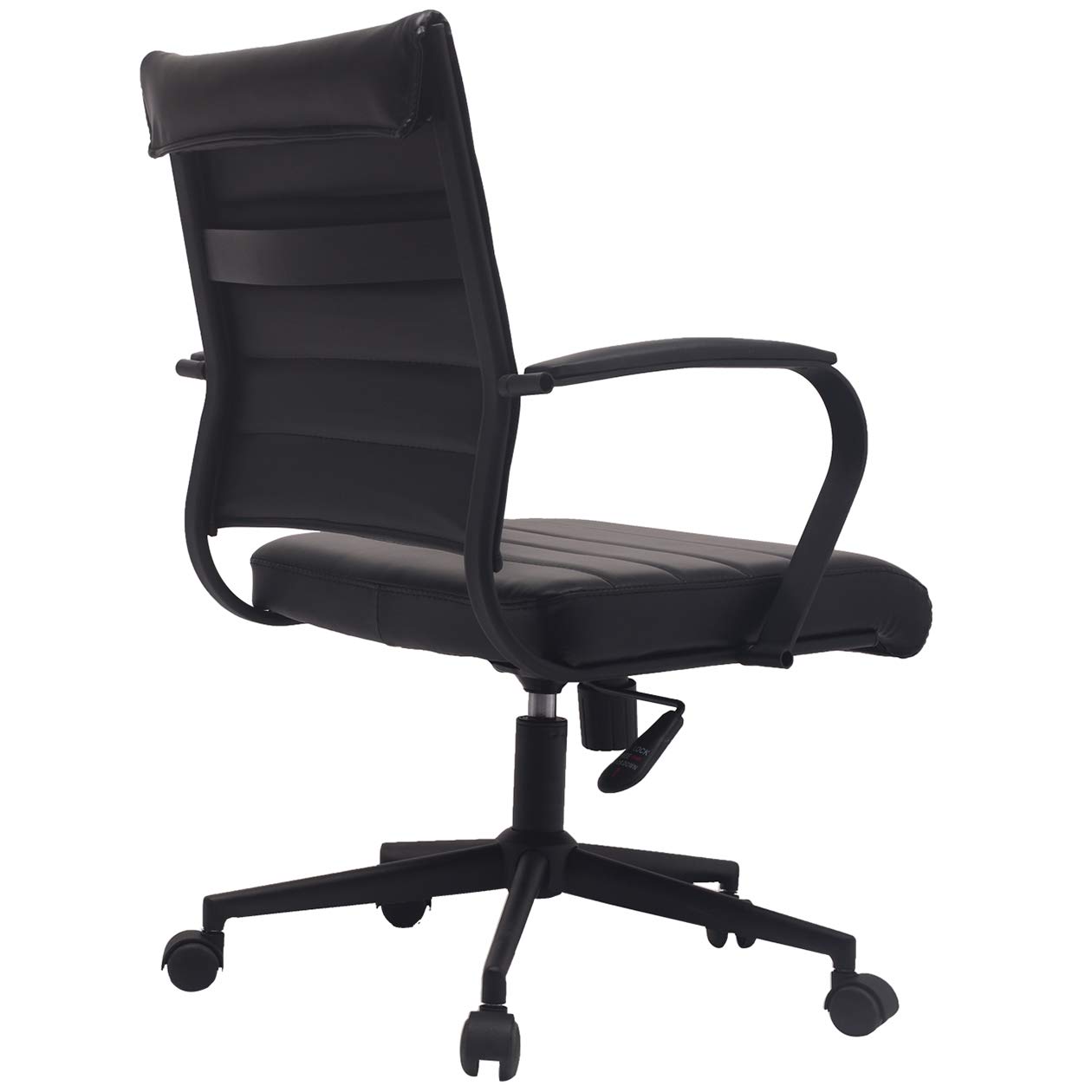 2xhome - Modern Black PU Leather Mid Back Swivel Tilt Adjustable Office Chair - Executive Manager Desk Chair with Ribbed Design for Conference Room, Home Office & Computer Work (All Black) - Ergonomic Support for Long Work Hours