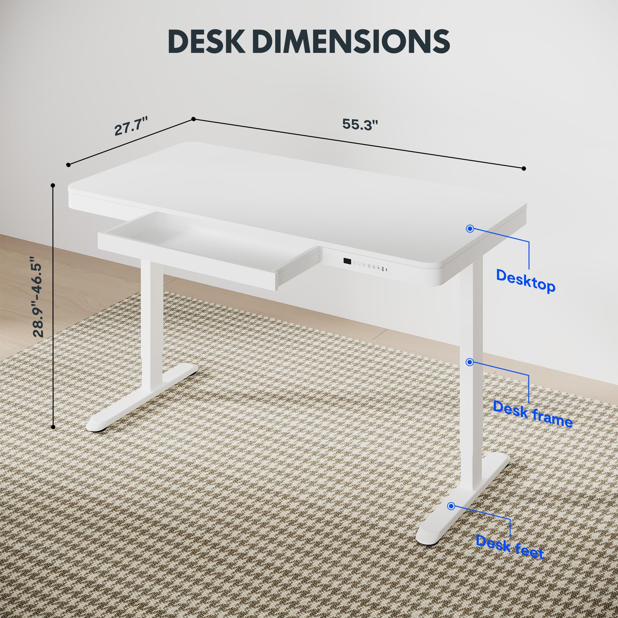 FLEXISPOT 55 Inch White Electric Adjustable Height Standing Desk with Storage Drawers & USB Charging Port | Quick Assembly Home Office Desk | Ergonomic Sit Stand Workstation for Small Spaces (White Top + Comhar Frame) - Perfect for Remote Work, Gaming Setup & Study Room