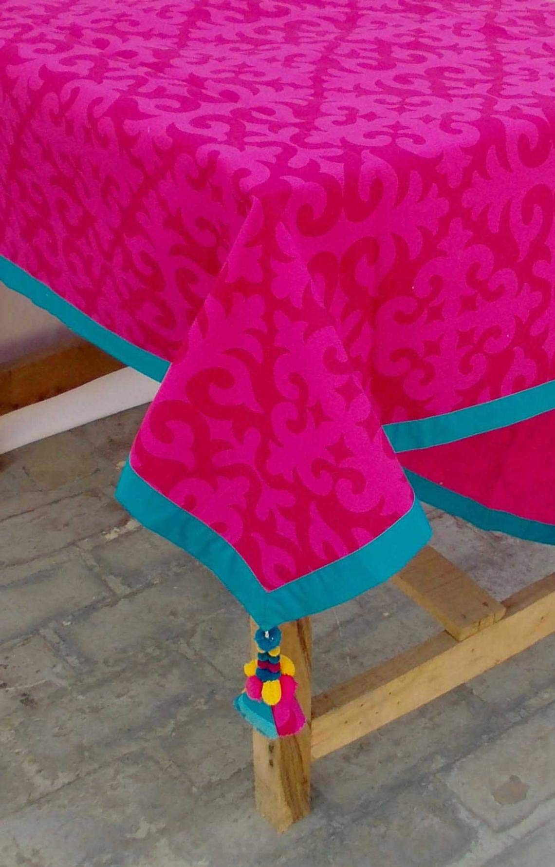 Vliving Shyrdak Design Bright Pink Cotton Tablecloth 60x60 Inches - Moroccan Print, Turquoise Border, Bohemian Tribal Style with Removable Tassel - Perfect for Dining Room Decor, Kitchen Table Cover, and Boho Home Accessories